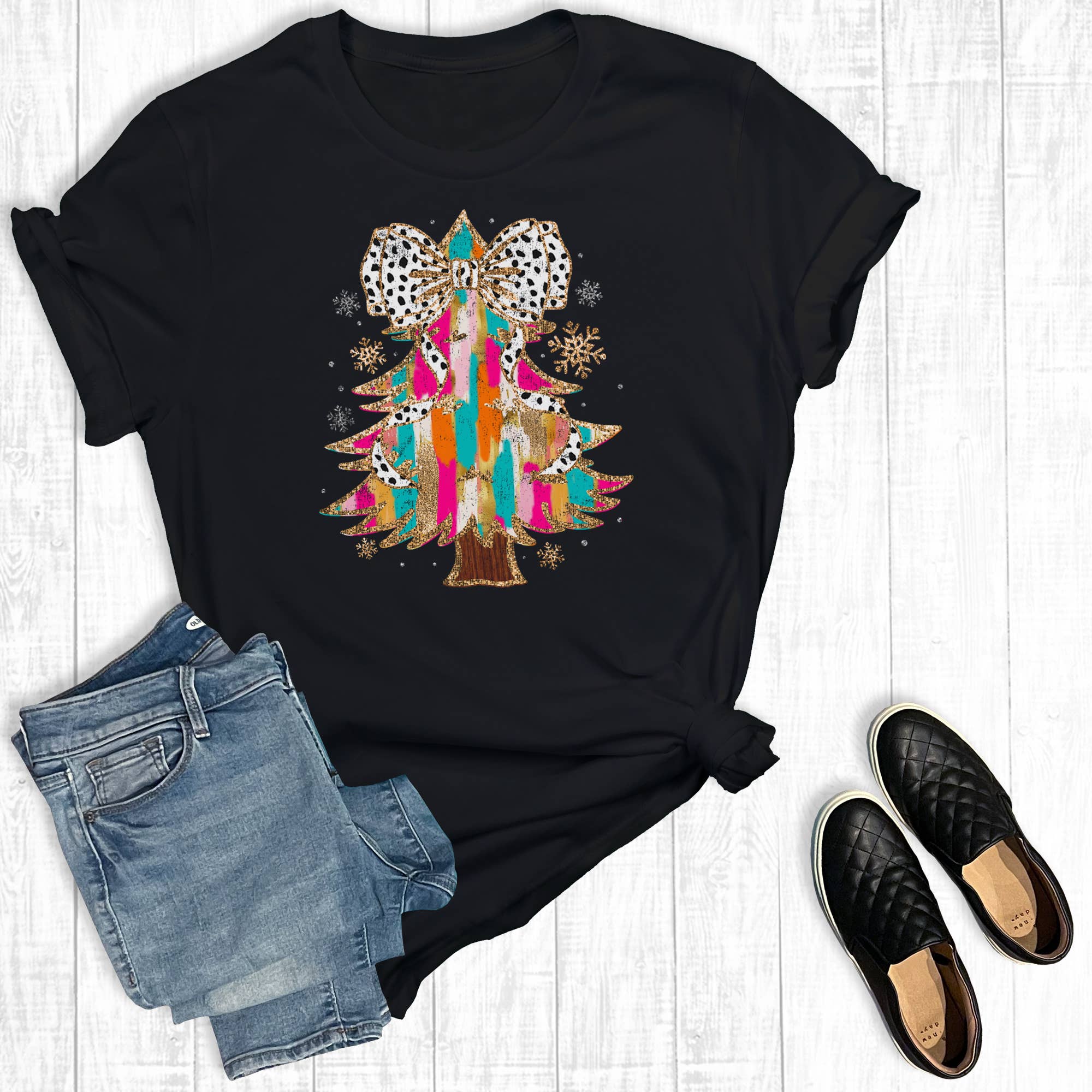 Colorful Coquette Christmas Tree Graphic - Adult & Kids T-Shirts, Sweatshirts & Hoodies apparel design preview 1