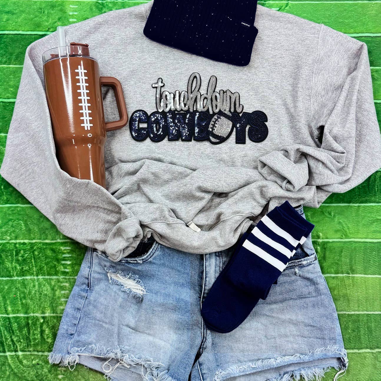 Touchdown Cowboys Sequin Patch Sport Grey Crewneck - Adult & Kids T-Shirts, Sweatshirts & Hoodies apparel design preview 1