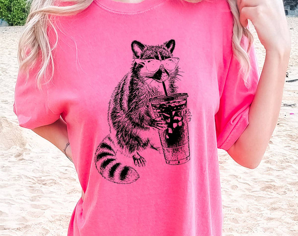 Raccoon Drinking Iced Coffee Funny Comfort Color - Adult & Kids T-Shirts, Sweatshirts & Hoodies apparel design preview 1