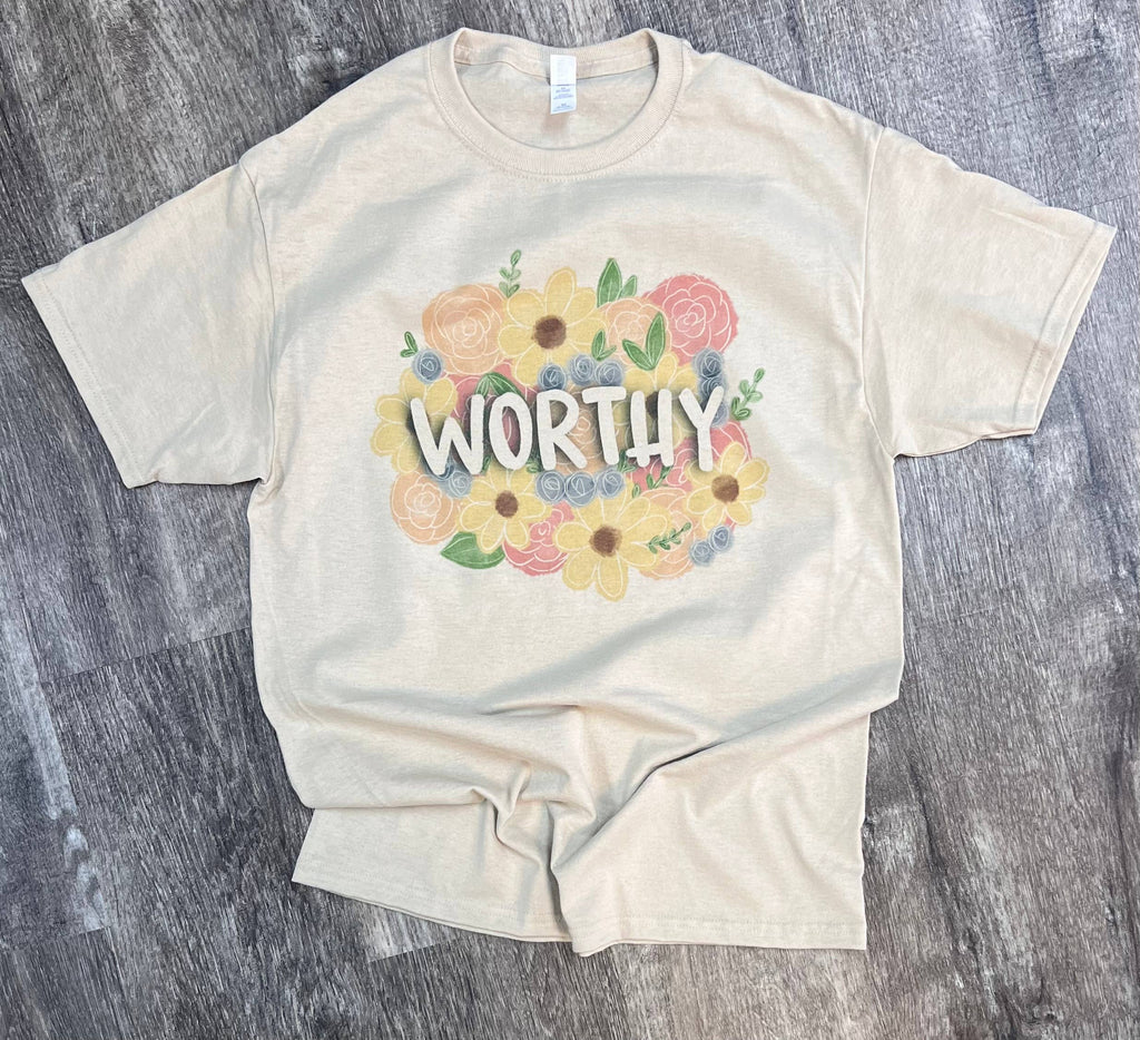 Worthy Spring Floral On Ash Gray or Sand - Adult & Kids T-Shirts, Sweatshirts & Hoodies apparel design preview 1