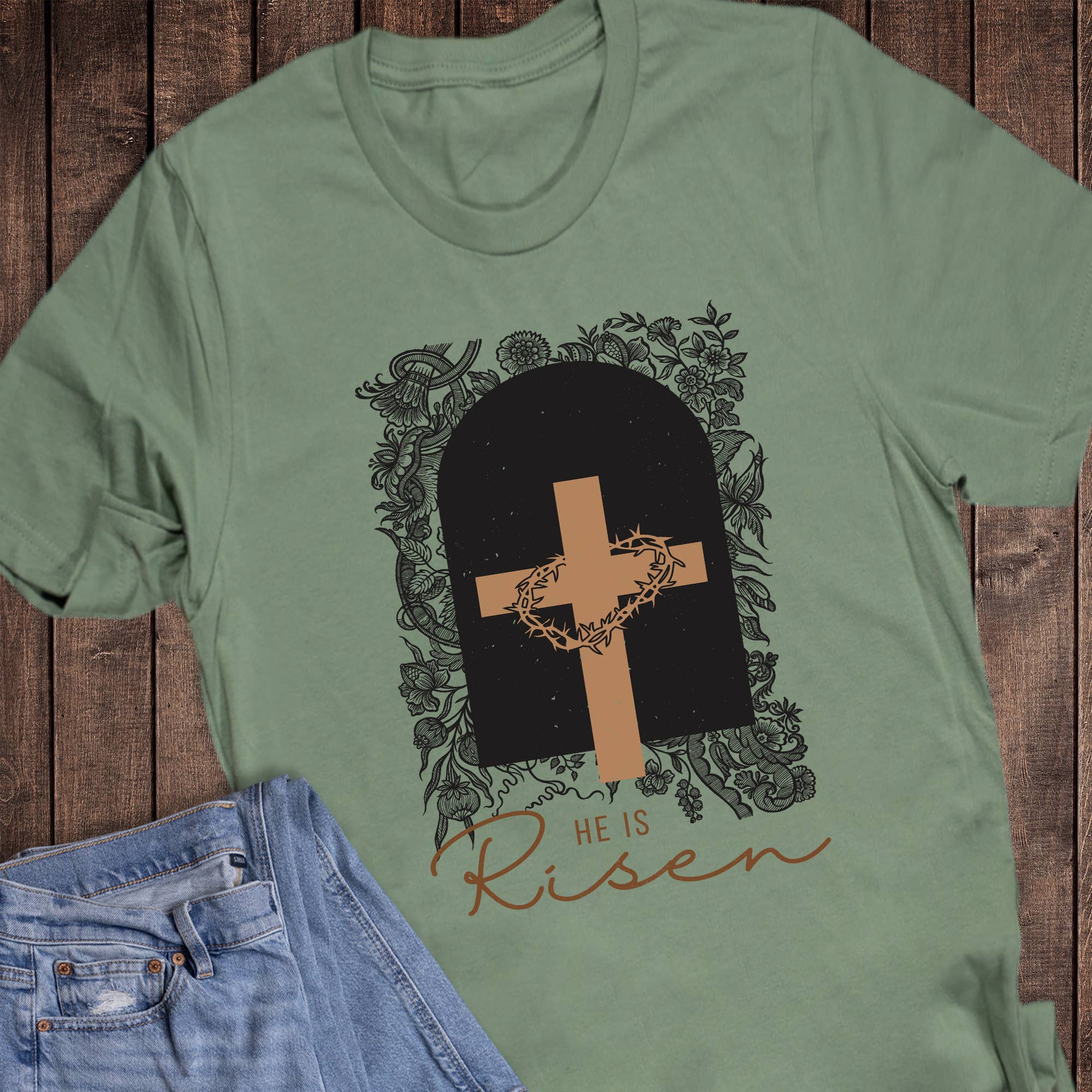 Easter Crown Cross He Is Risen Graphic - Adult & Kids T-Shirts, Sweatshirts & Hoodies apparel design preview 1