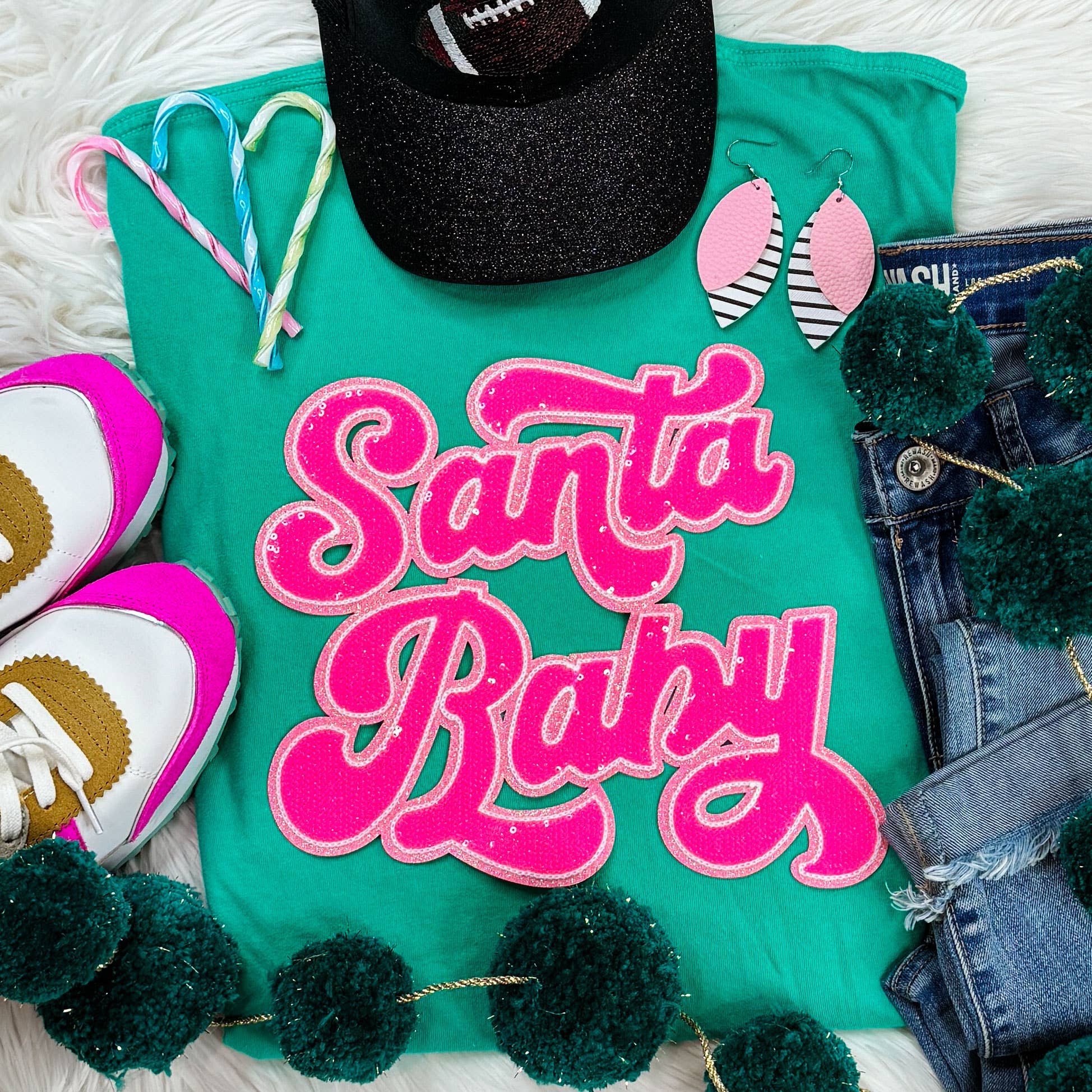 Santa Baby Sequin Patch Island Green Pigment Dyed - Adult & Kids T-Shirts, Sweatshirts & Hoodies apparel design preview 1