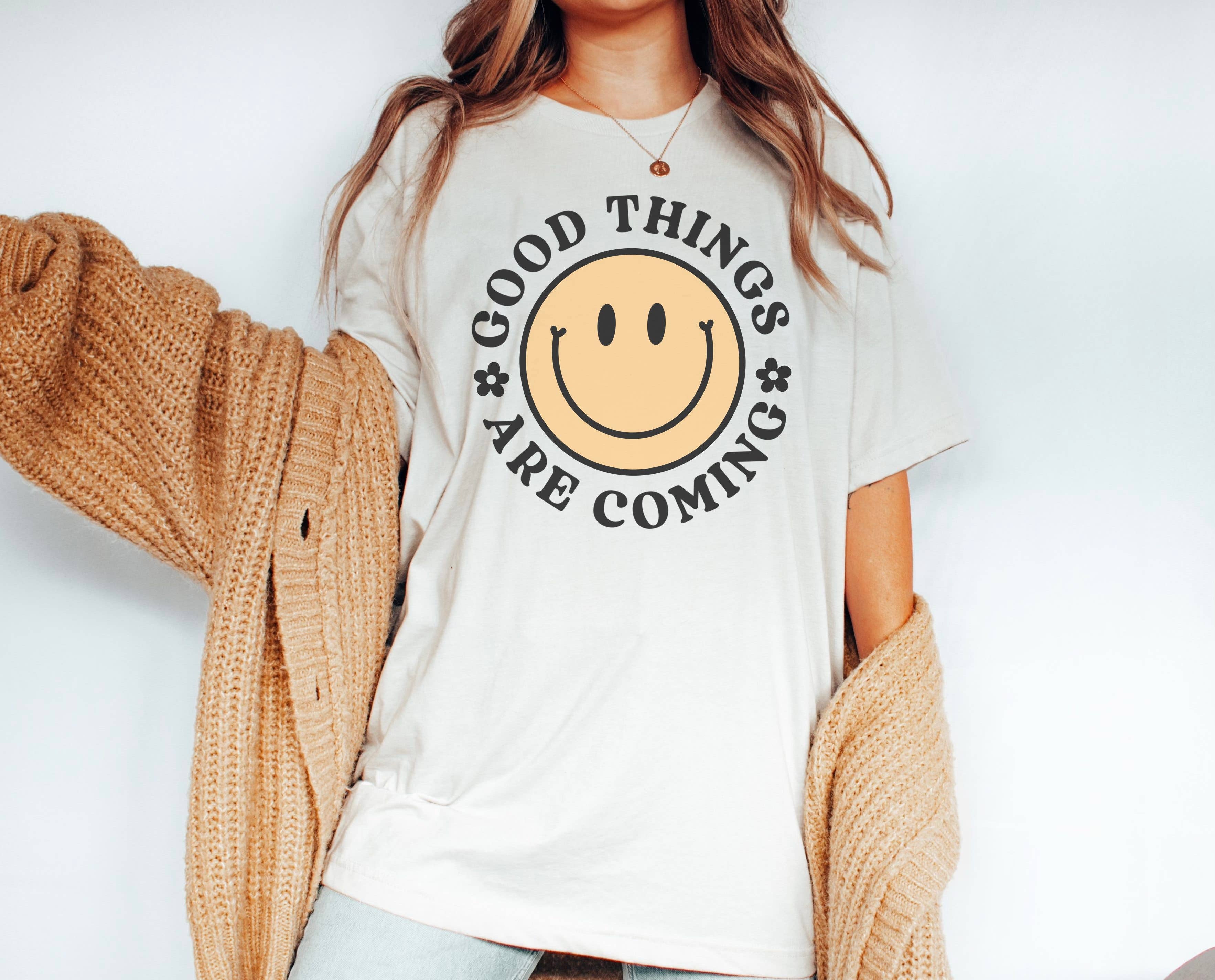 Good Things Are Coming Retro Happy Face - Adult & Kids T-Shirts, Sweatshirts & Hoodies apparel design preview 1