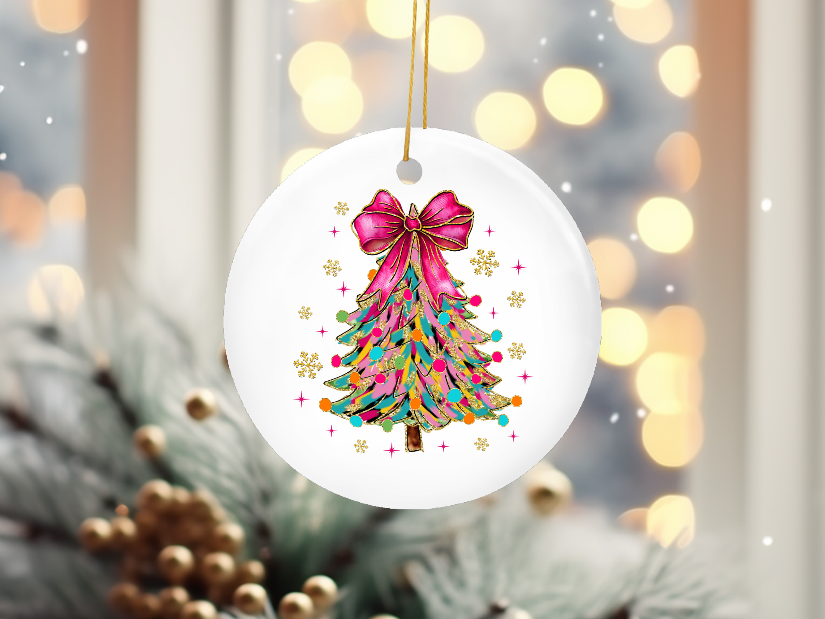 Coquette Christmas Tree Pink Bow Snow Flakes Ornament - Adult & Kids T-Shirts, Sweatshirts & Hoodies apparel design preview 1
