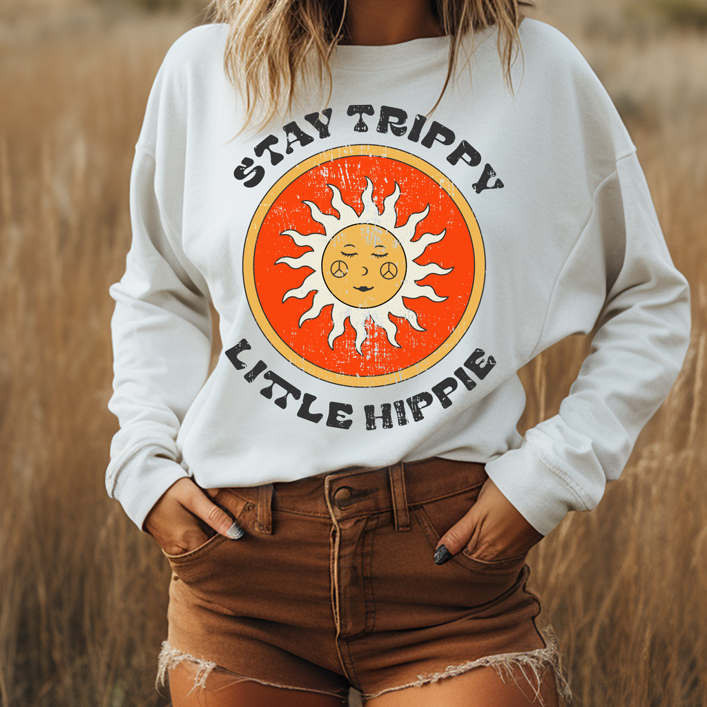 Stay Trippy Little Hippie Retro Graphic Crewneck - Adult & Kids T-Shirts, Sweatshirts & Hoodies apparel design preview 1
