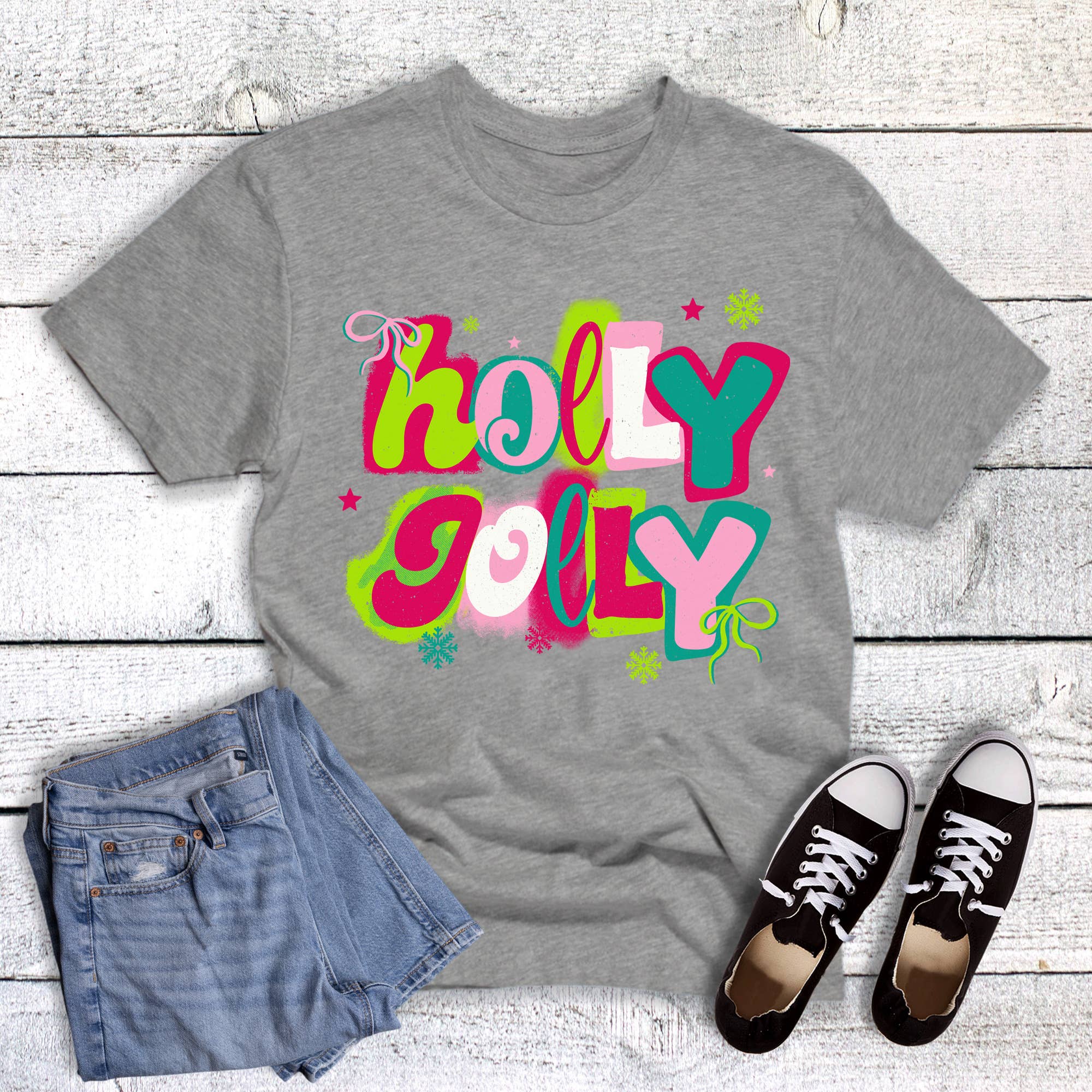 Christmas Holly Jolly with Snowflakes Graphic - Adult & Kids T-Shirts, Sweatshirts & Hoodies apparel design preview 1
