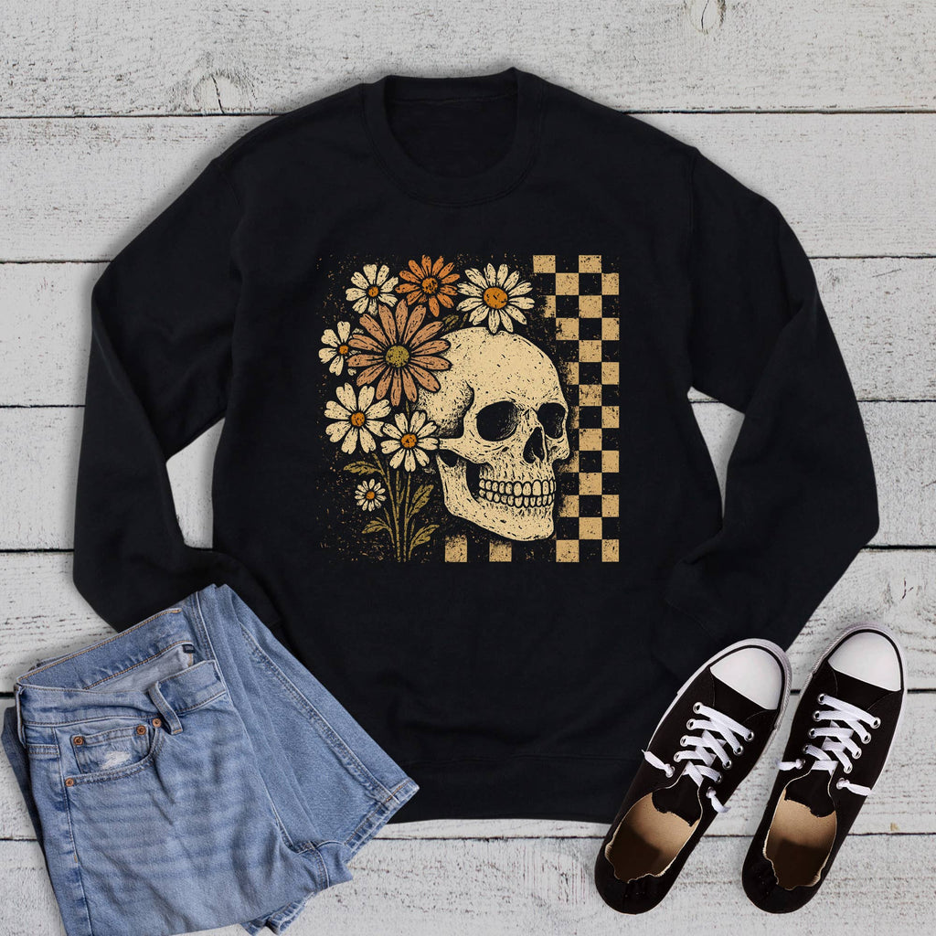 Halloween Checkered Floral Skeleton - Adult & Kids T-Shirts, Sweatshirts & Hoodies apparel design preview 1