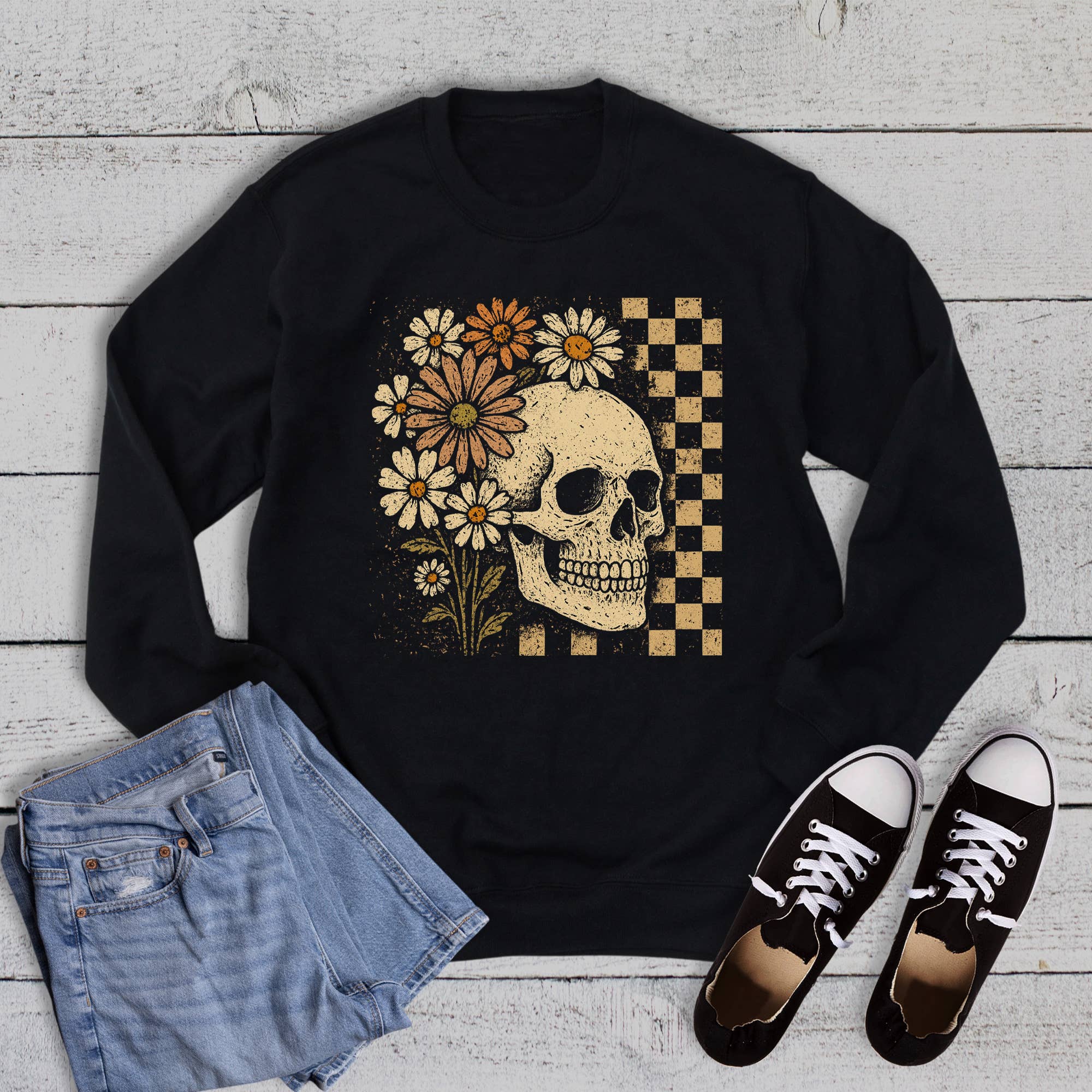 Halloween Checkered Floral Skeleton - Adult & Kids T-Shirts, Sweatshirts & Hoodies apparel design preview 1
