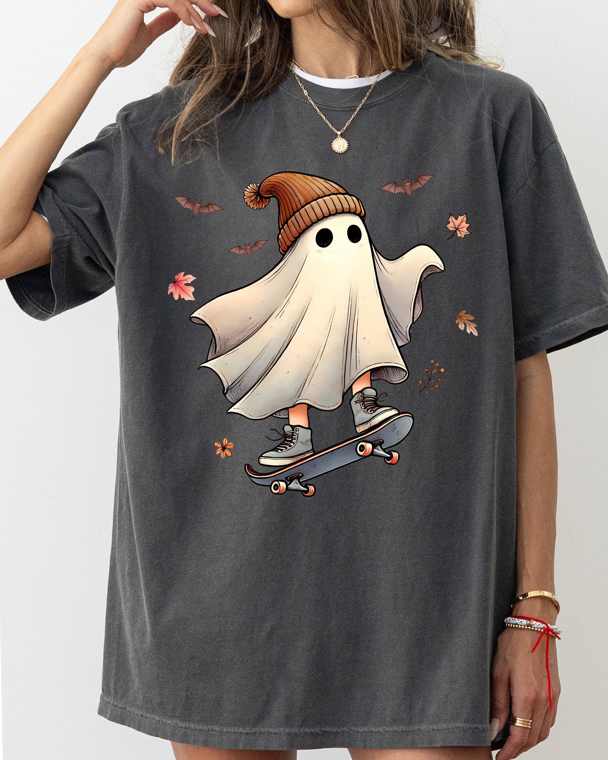 Skater Ghost, Pumpkin, Skeleton, Vintage, Halloween - Adult & Kids T-Shirts, Sweatshirts & Hoodies apparel design preview 1
