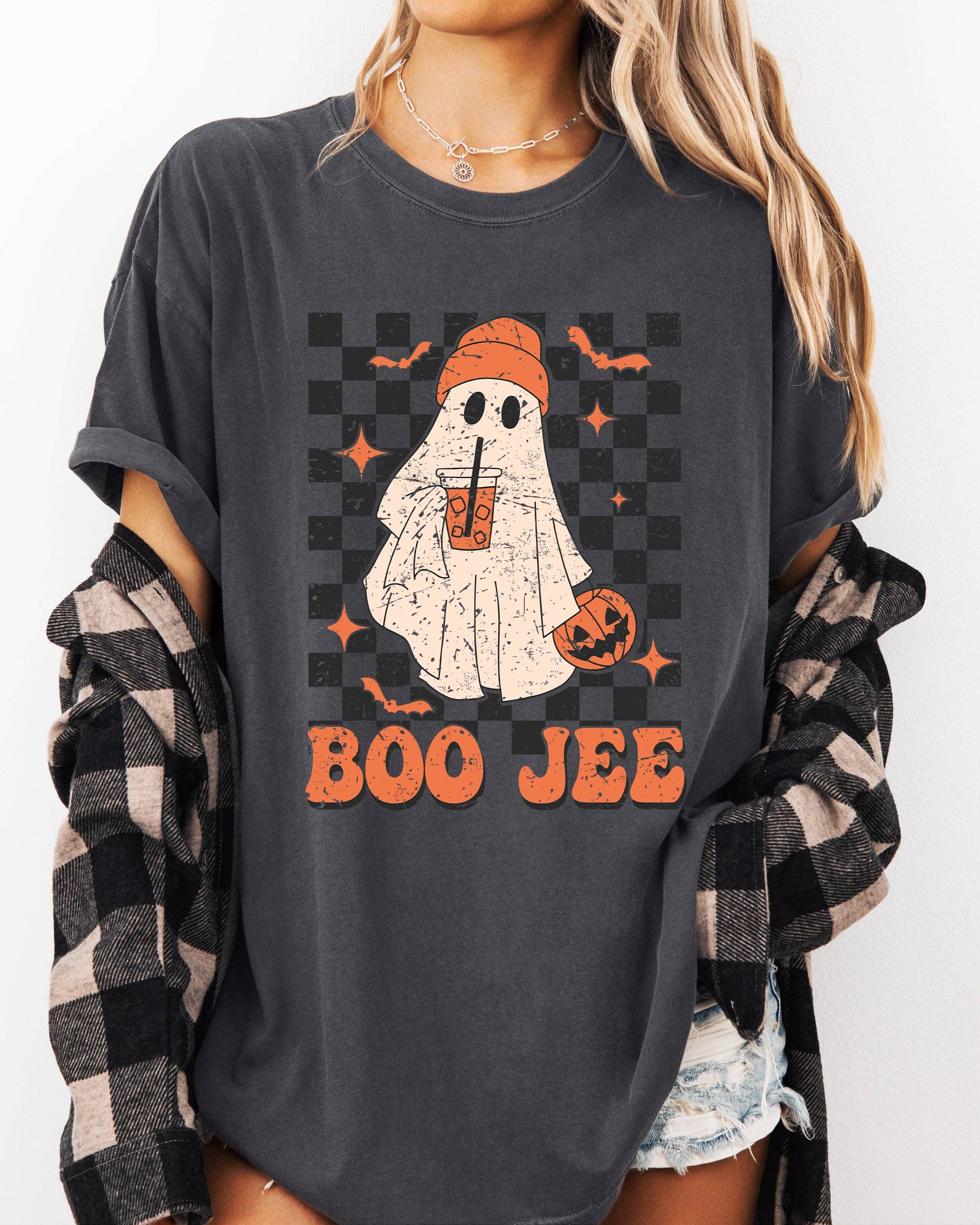 Boo-Jee Ghost, Checkered, Retro Halloween Coffee - Adult & Kids T-Shirts, Sweatshirts & Hoodies apparel design preview 1