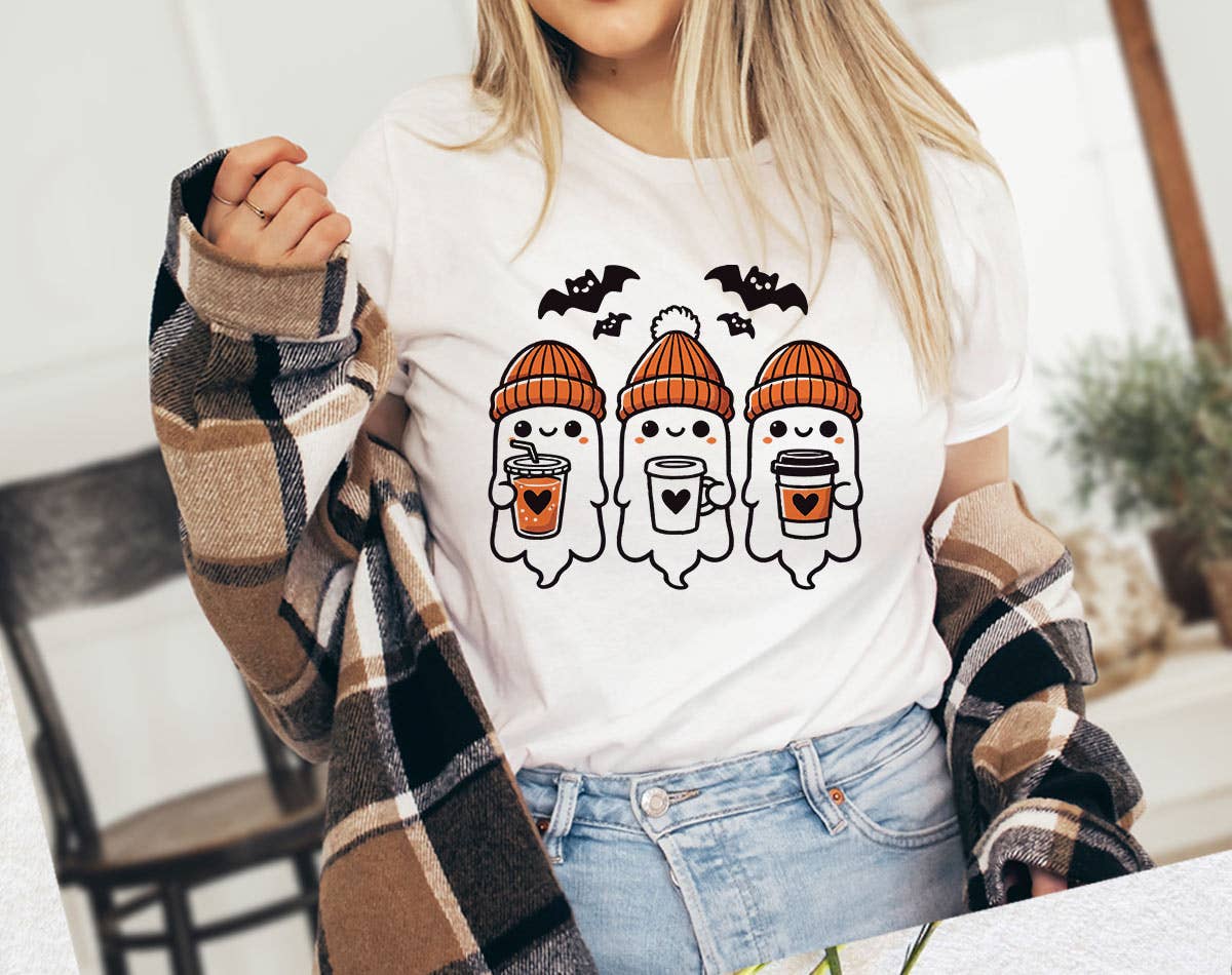 Three Cute Ghost's Drinking Coffee Halloween - Adult & Kids T-Shirts, Sweatshirts & Hoodies apparel design preview 1
