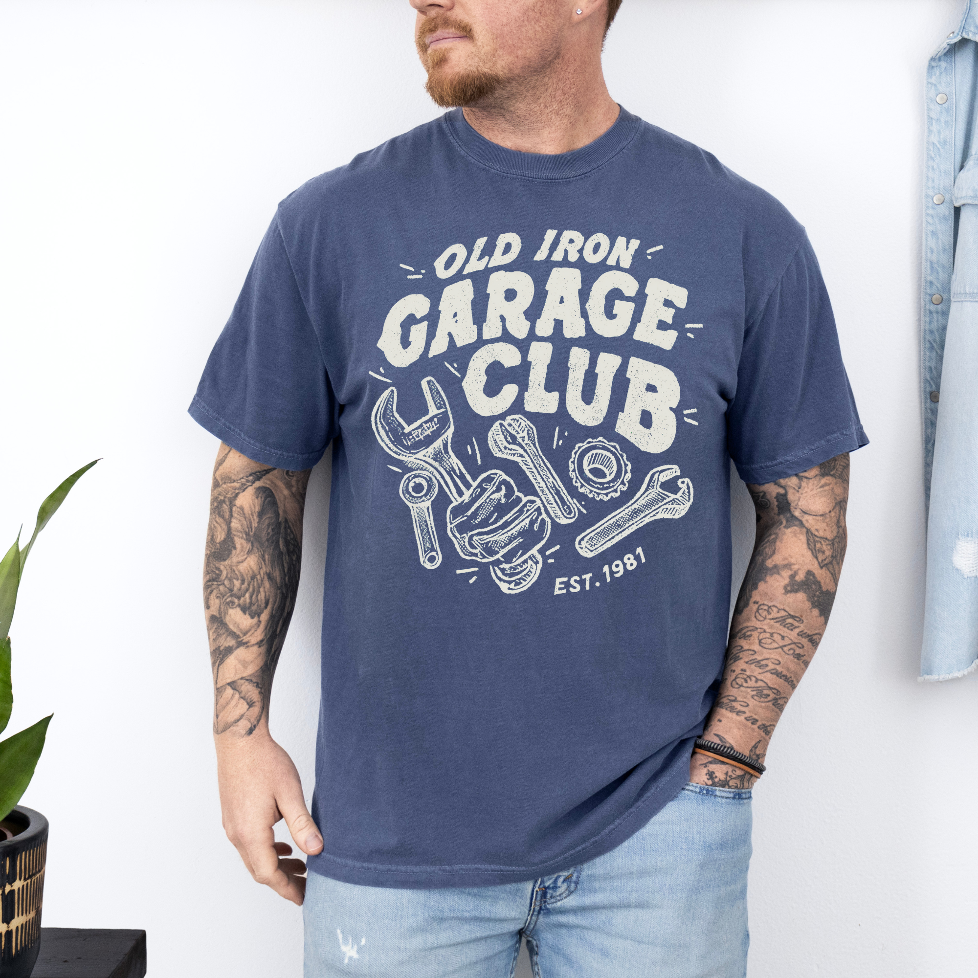 Fathers Day: Old Iron Garage On Midnight Comfort - Adult & Kids T-Shirts, Sweatshirts & Hoodies apparel design preview 1