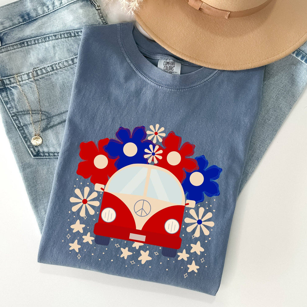 Retro Van, Patriotic, 4th of July Comfort Colors - Adult & Kids T-Shirts, Sweatshirts & Hoodies apparel design preview 1