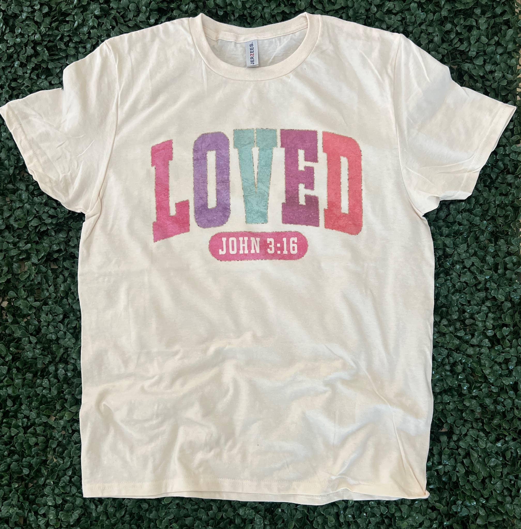 Loved John 3:16 with Gold Outline On Cream - Adult & Kids T-Shirts, Sweatshirts & Hoodies apparel design preview 1