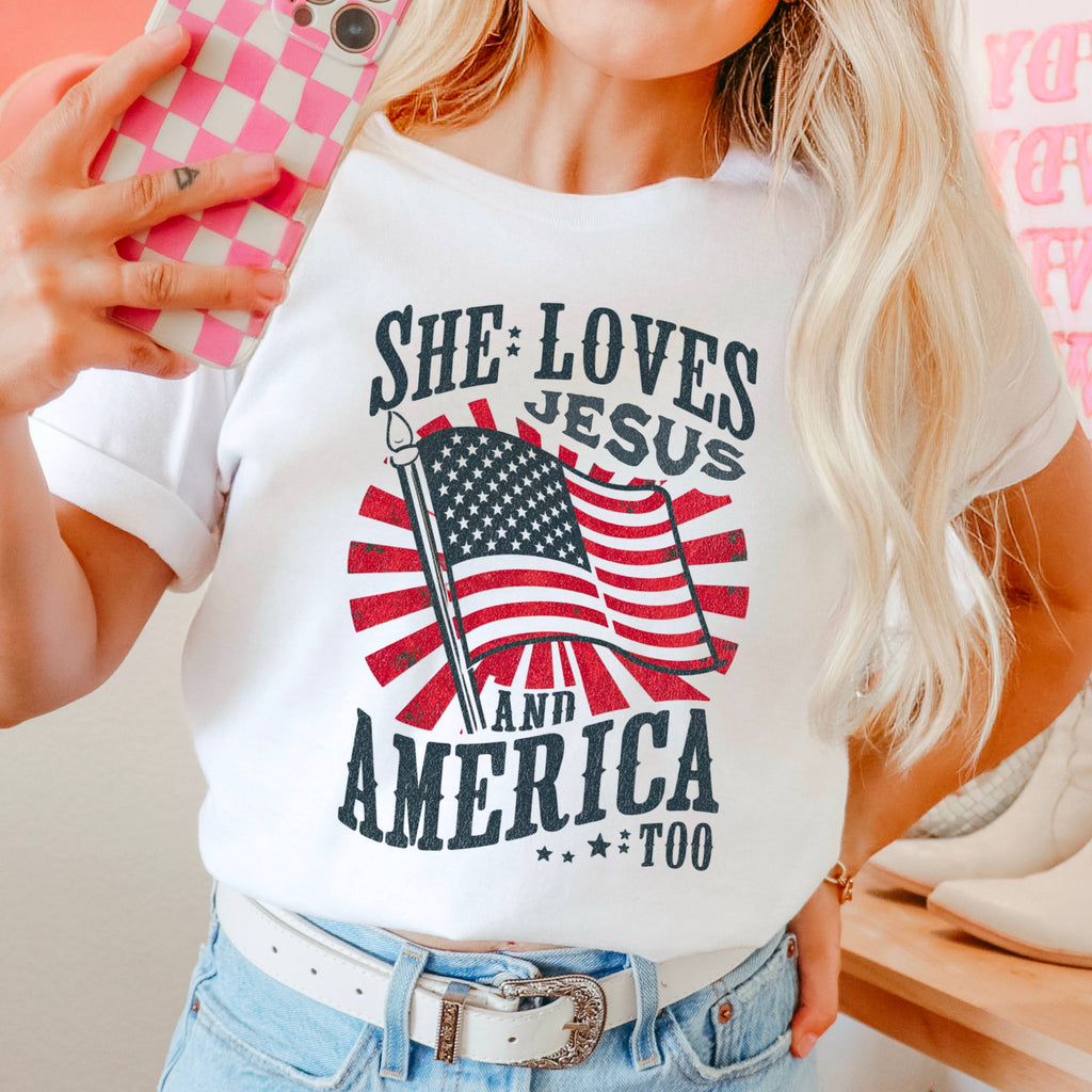 She Loves Jesus July 4th Graphic Comfort Color - Adult & Kids T-Shirts, Sweatshirts & Hoodies apparel design preview 1