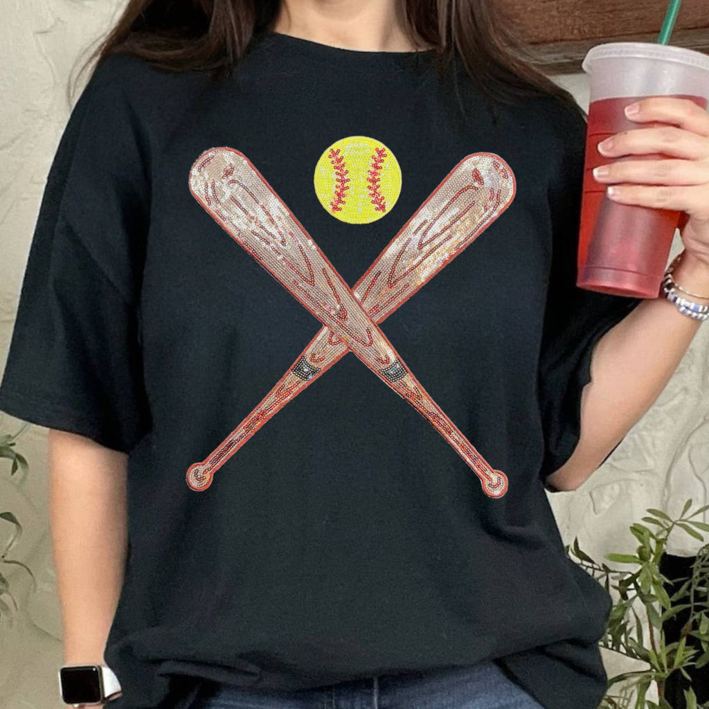 Sequin Bats and Softball Patch Black Everyday - Adult & Kids T-Shirts, Sweatshirts & Hoodies apparel design preview 1