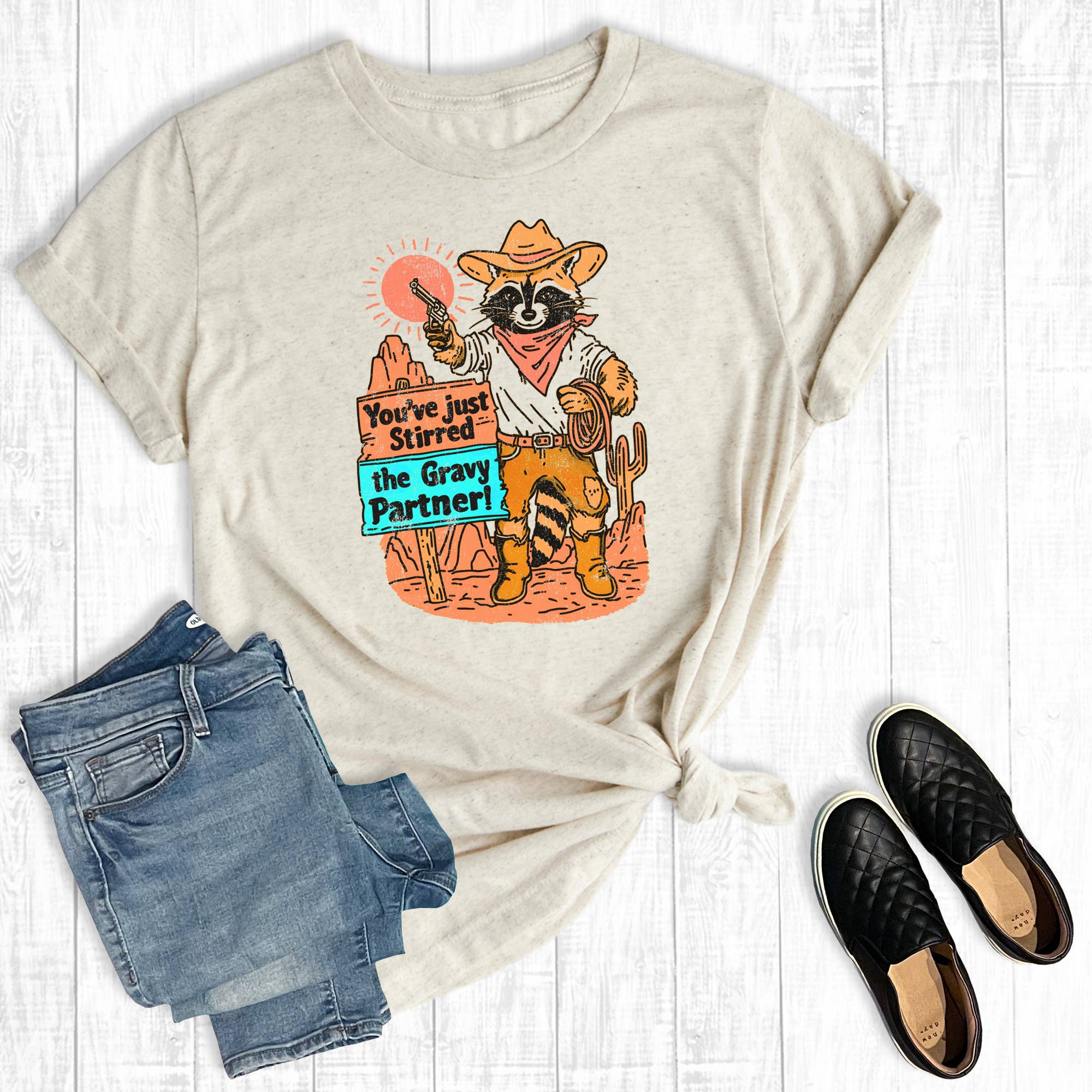 Western Funny Racoon You've Stirred the Gravy Graphic - Adult & Kids T-Shirts, Sweatshirts & Hoodies apparel design preview 1