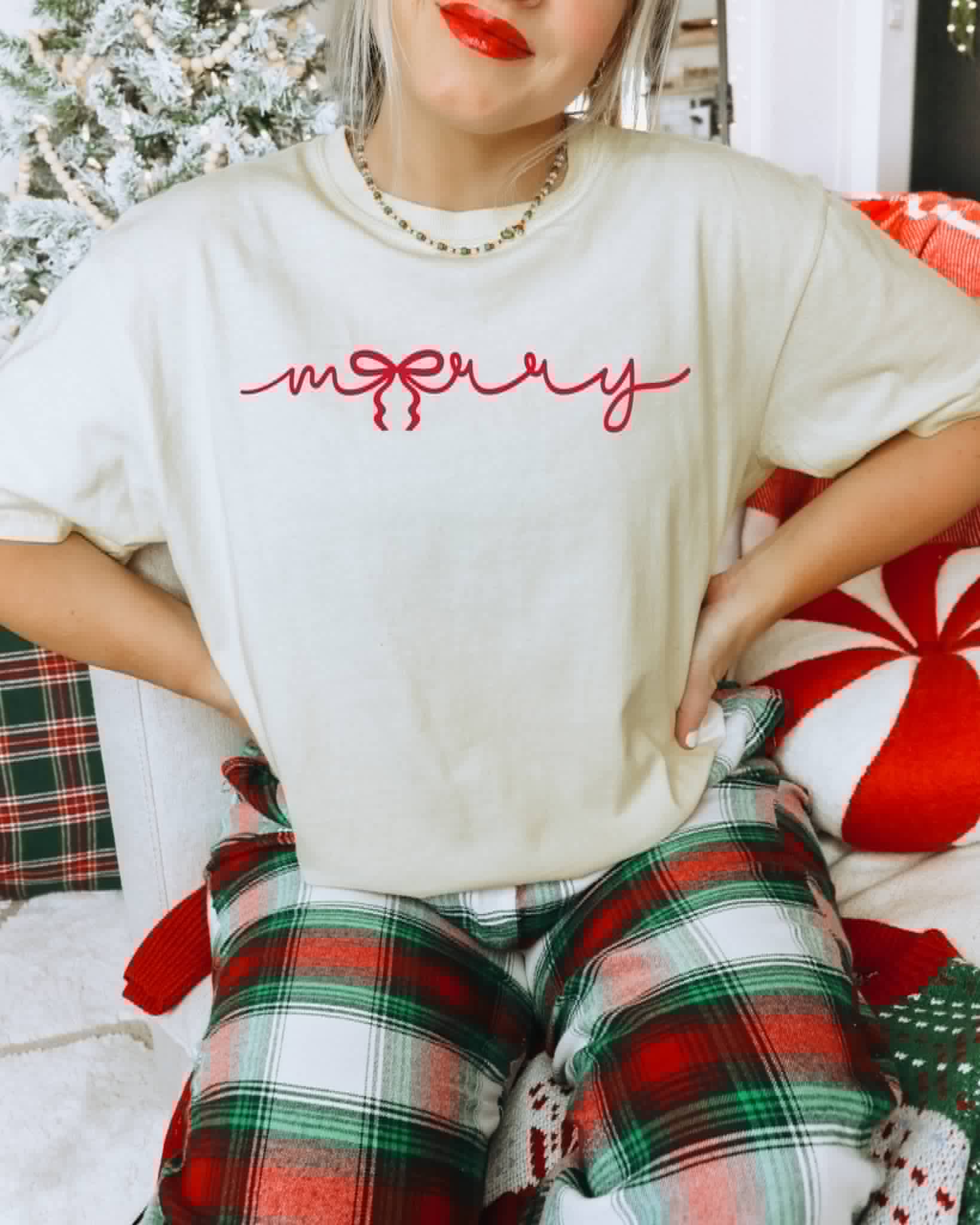 Merry Red Bow Cream Christmas in July Holiday Graphic - Adult & Kids T-Shirts, Sweatshirts & Hoodies apparel design preview 1