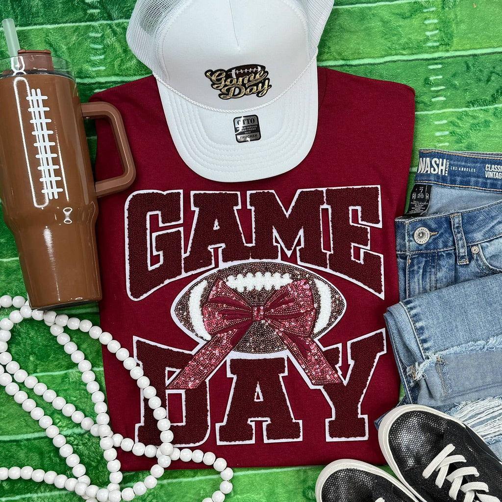 Maroon Chenille Football Game Day with Sequin Bow - Adult & Kids T-Shirts, Sweatshirts & Hoodies apparel design preview 1