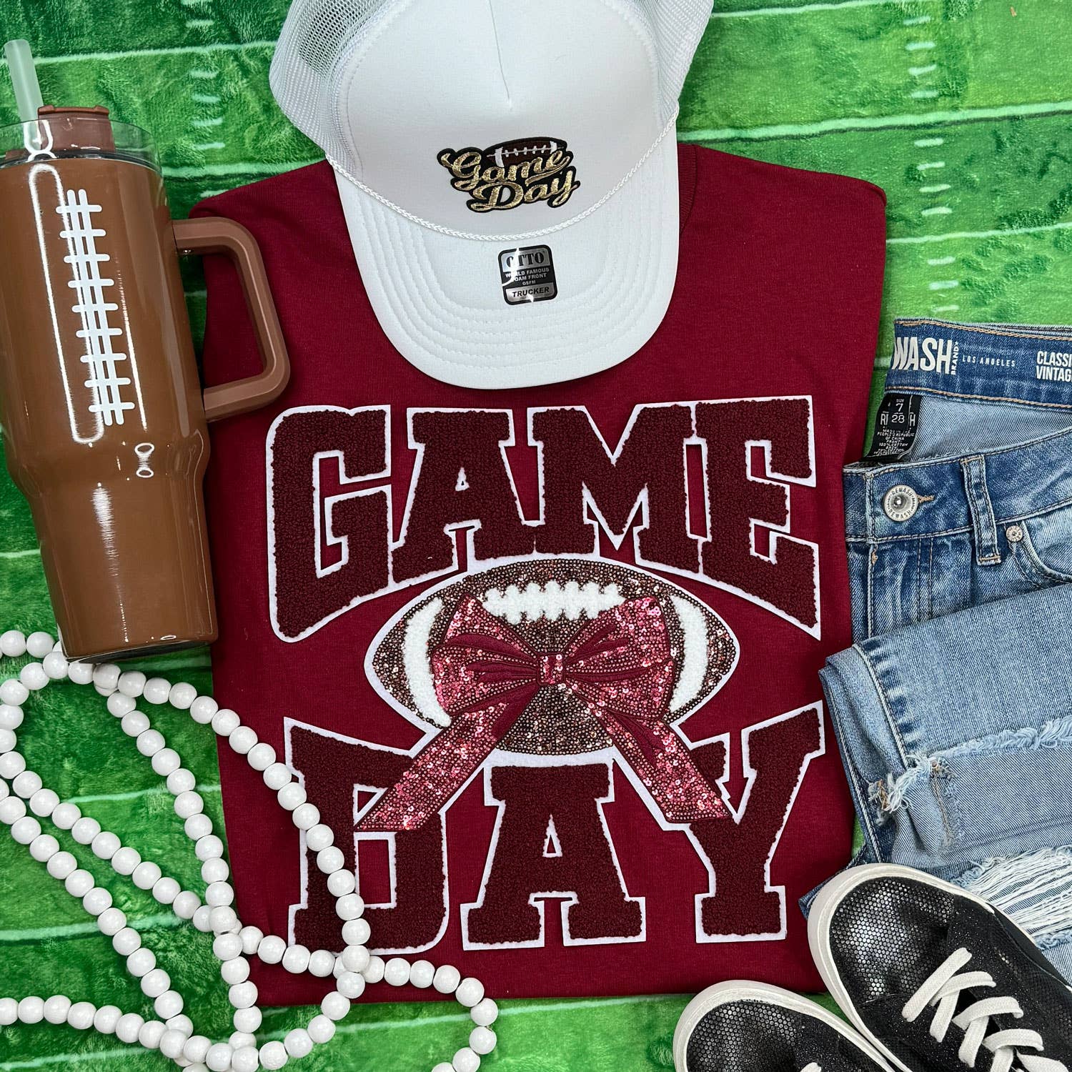 Maroon Chenille Football Game Day with Sequin Bow - Adult & Kids T-Shirts, Sweatshirts & Hoodies apparel design preview 1