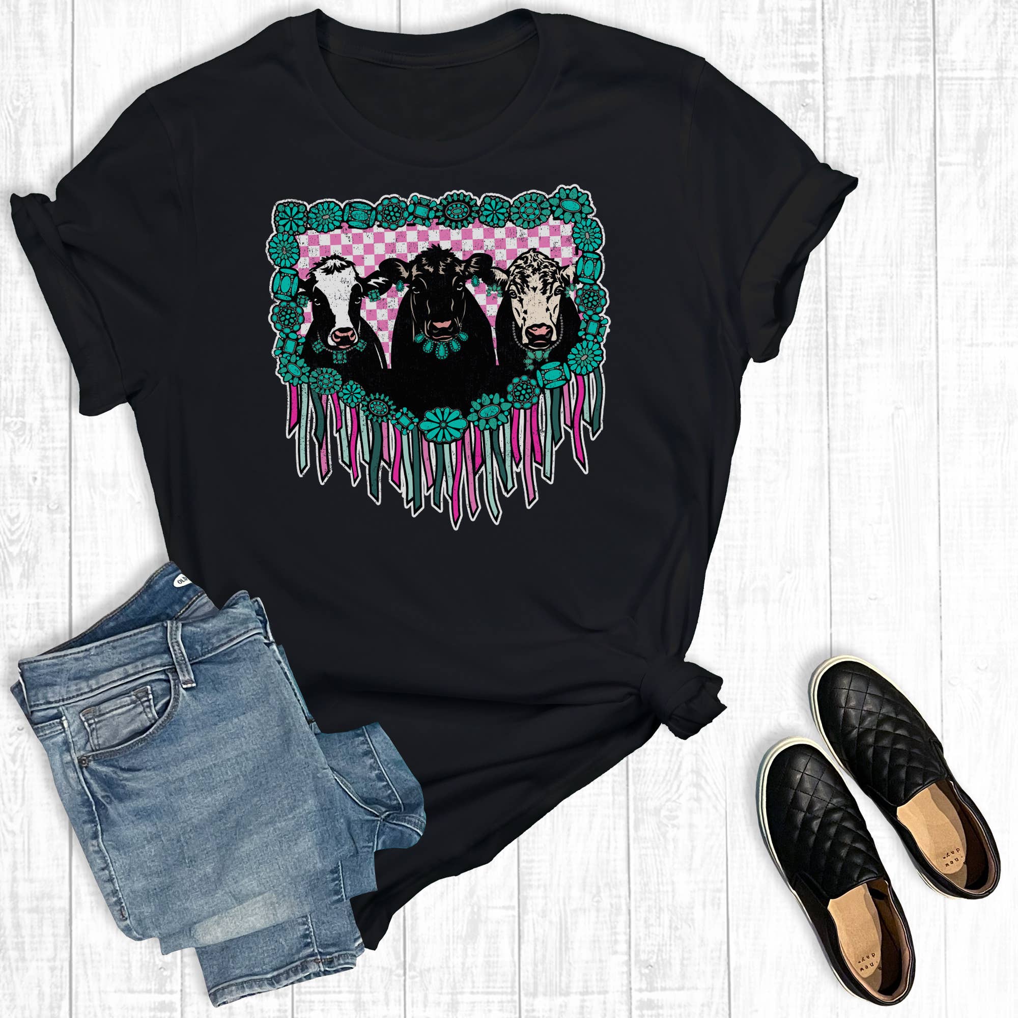Western Fringe Turquoise Cows Graphic - Adult & Kids T-Shirts, Sweatshirts & Hoodies apparel design preview 1