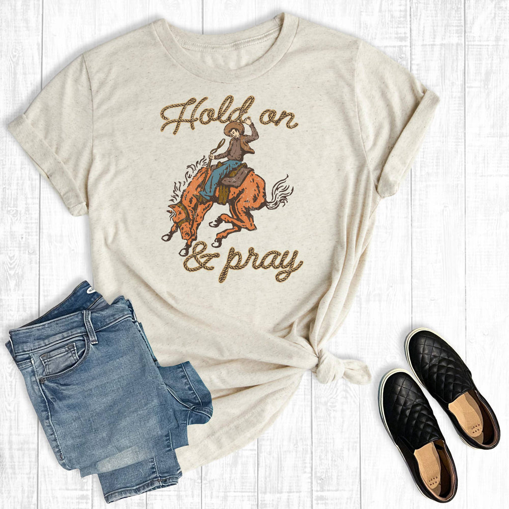 Hold On and Pray Cowboy Graphic - Adult & Kids T-Shirts, Sweatshirts & Hoodies apparel design preview 1