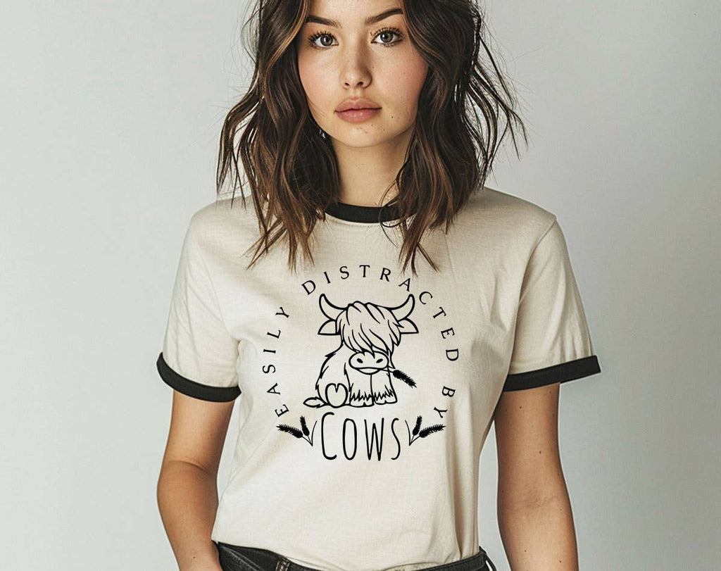 Easily Distracted By Cows Funny Highland Cow Ringer - Adult & Kids T-Shirts, Sweatshirts & Hoodies apparel design preview 1