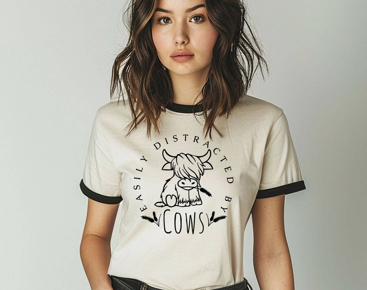 Easily Distracted By Cows Funny Highland Cow Ringer - Adult & Kids T-Shirts, Sweatshirts & Hoodies apparel design preview 1