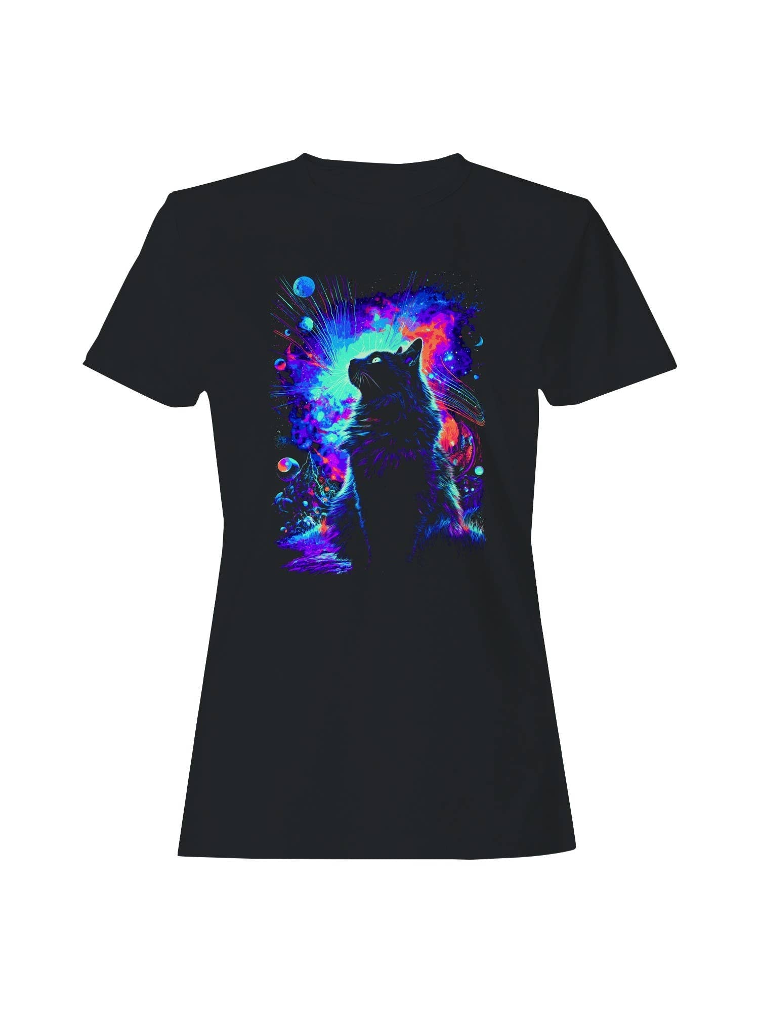 Cosmic Cat in Neon Dreamscape Women's - Adult & Kids T-Shirts, Sweatshirts & Hoodies apparel design preview 1