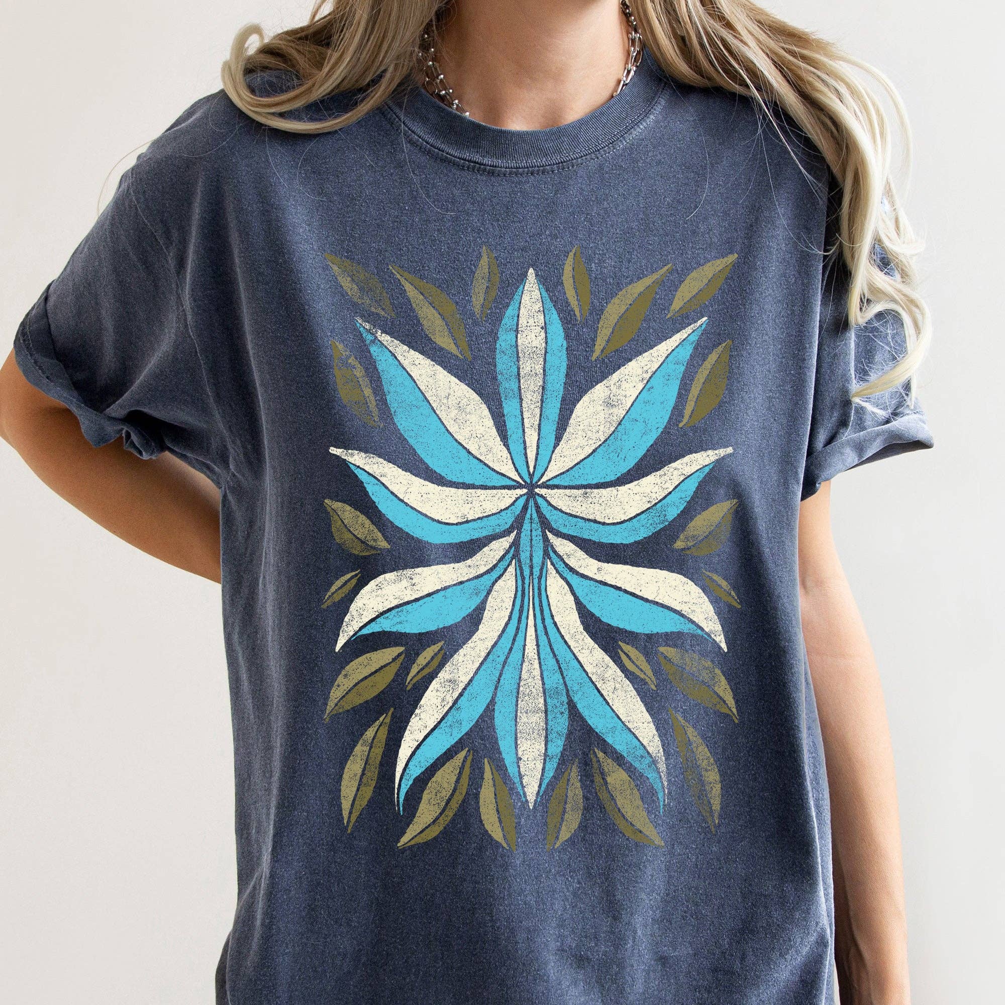 Boho Folk Art Flower and Leaves - Adult & Kids T-Shirts, Sweatshirts & Hoodies apparel design preview 1