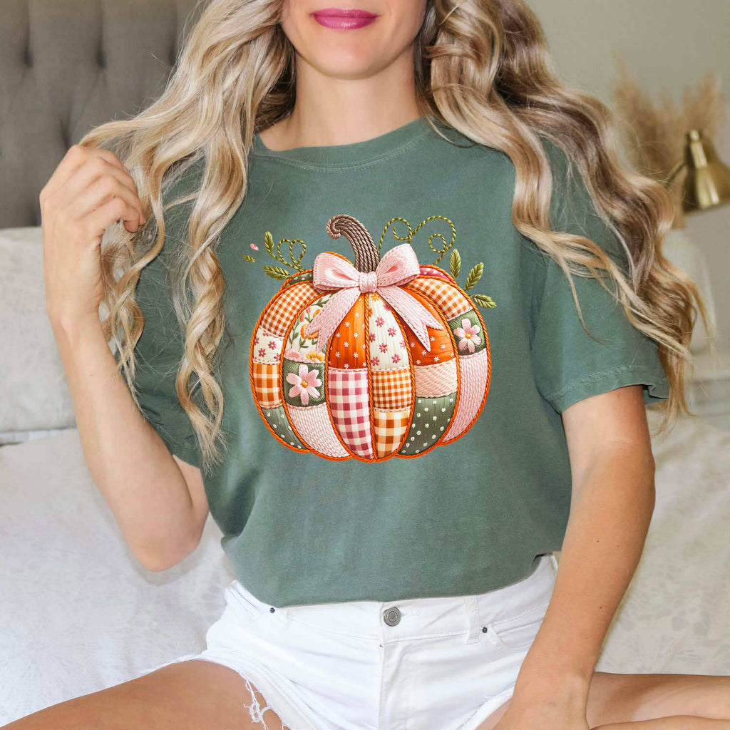 Patchwork Pumpkin Faux Embroidery - Adult & Kids T-Shirts, Sweatshirts & Hoodies apparel design preview 1