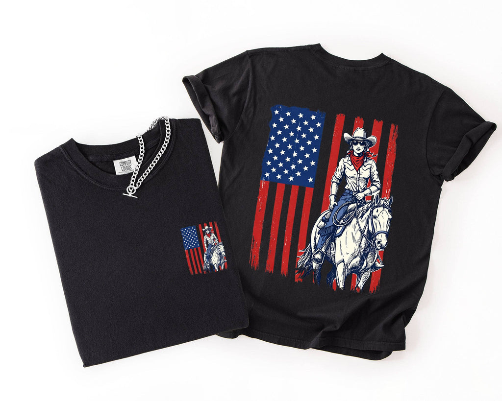 American Girl, Western, USA Flag, Horse, 4th of July - Adult & Kids T-Shirts, Sweatshirts & Hoodies apparel design preview 1