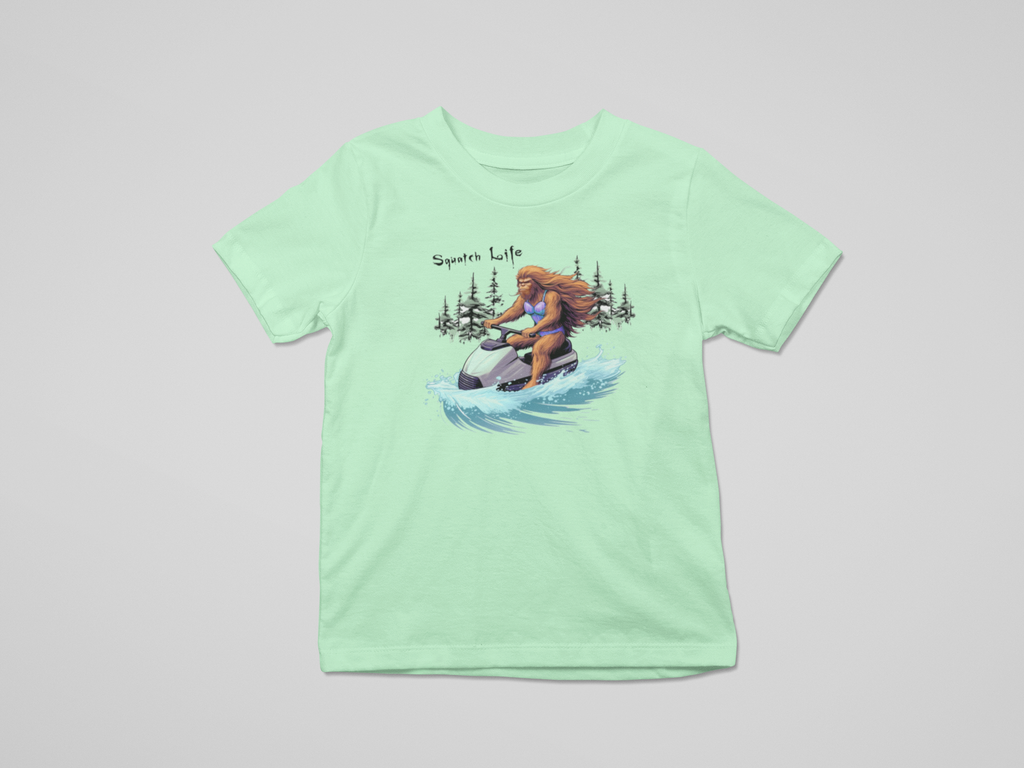 Squatch Life Jet Skiing Girl Bigfoot Mint Green - Adult & Kids T-Shirts, Sweatshirts & Hoodies apparel design preview 1