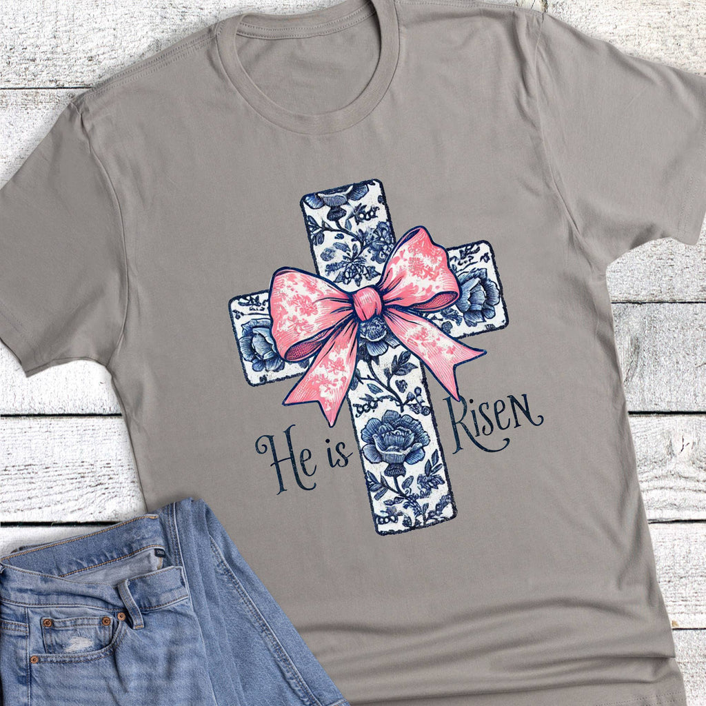 Easter Toile Chinoiserie Cross He Is Risen Graphic - Adult & Kids T-Shirts, Sweatshirts & Hoodies apparel design preview 1