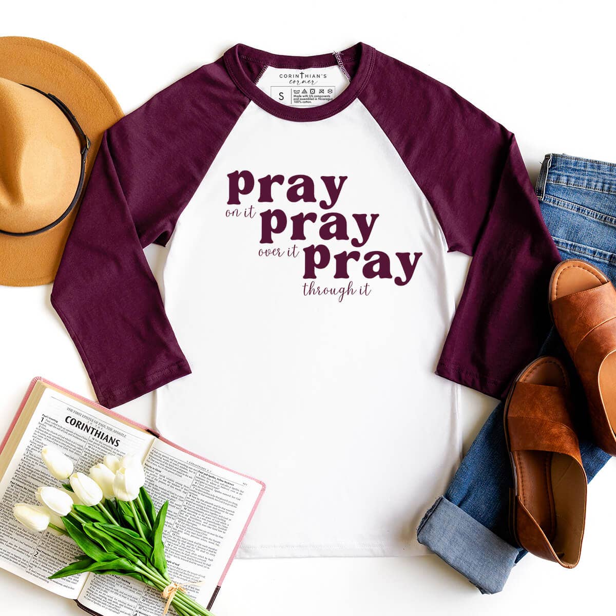 Pray 3/4 Sleeve Graphic Christian - Adult & Kids T-Shirts, Sweatshirts & Hoodies apparel design preview 1