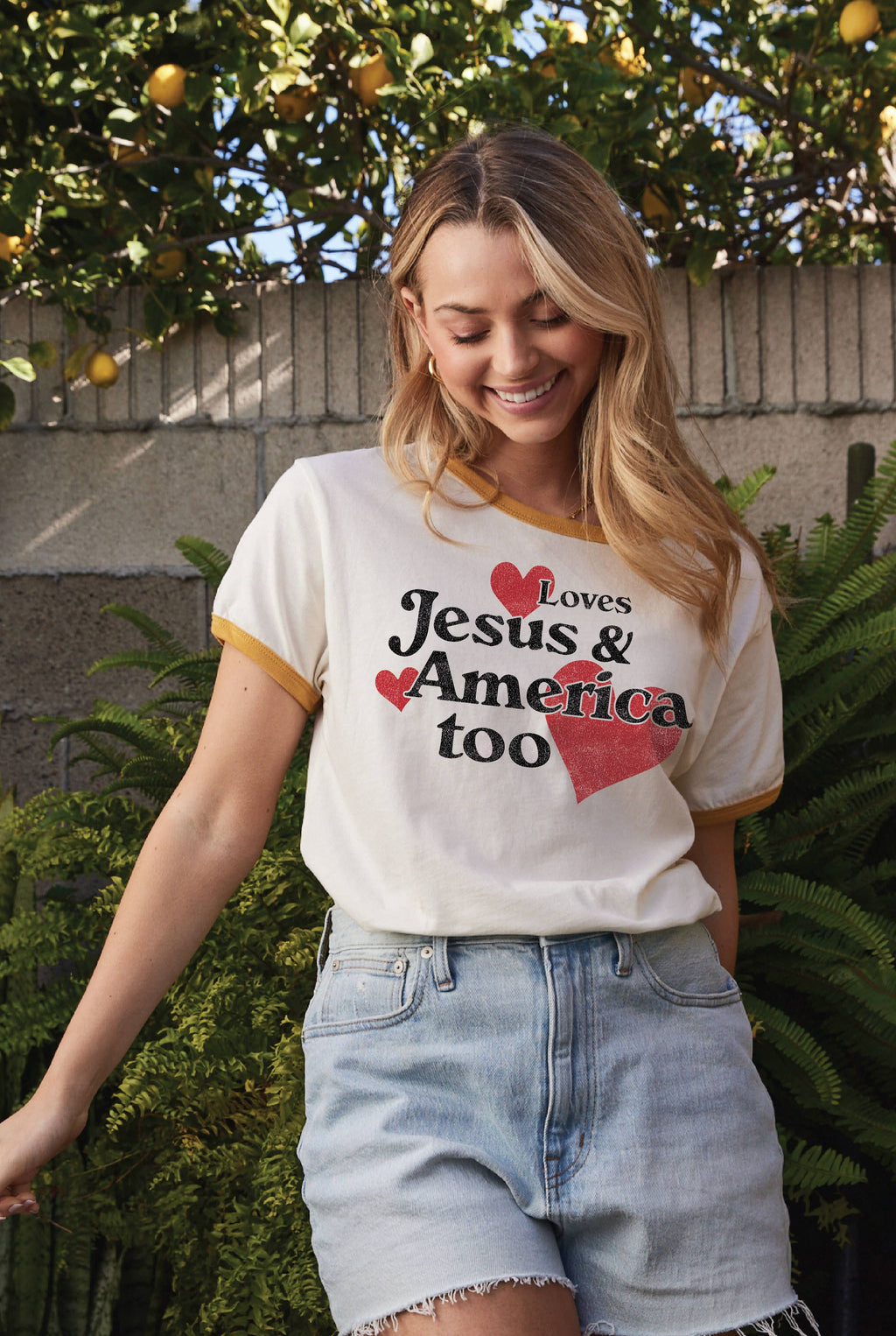 Loves Jesus and America Too Ringer Graphic Top - Adult & Kids T-Shirts, Sweatshirts & Hoodies apparel design preview 1