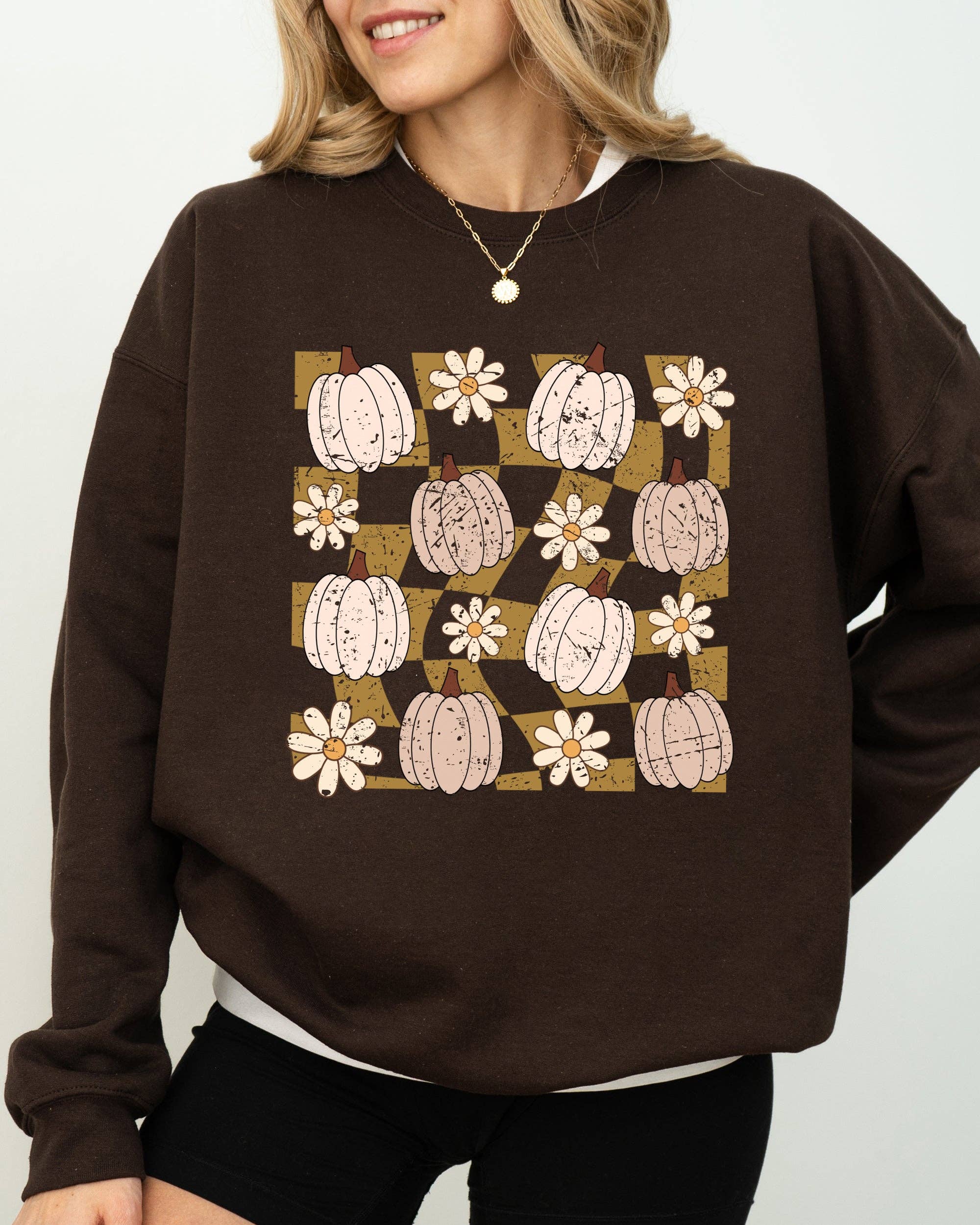 Checkered Pumpkins, Daisies Flowers Autumn Fall - Adult & Kids T-Shirts, Sweatshirts & Hoodies apparel design preview 1