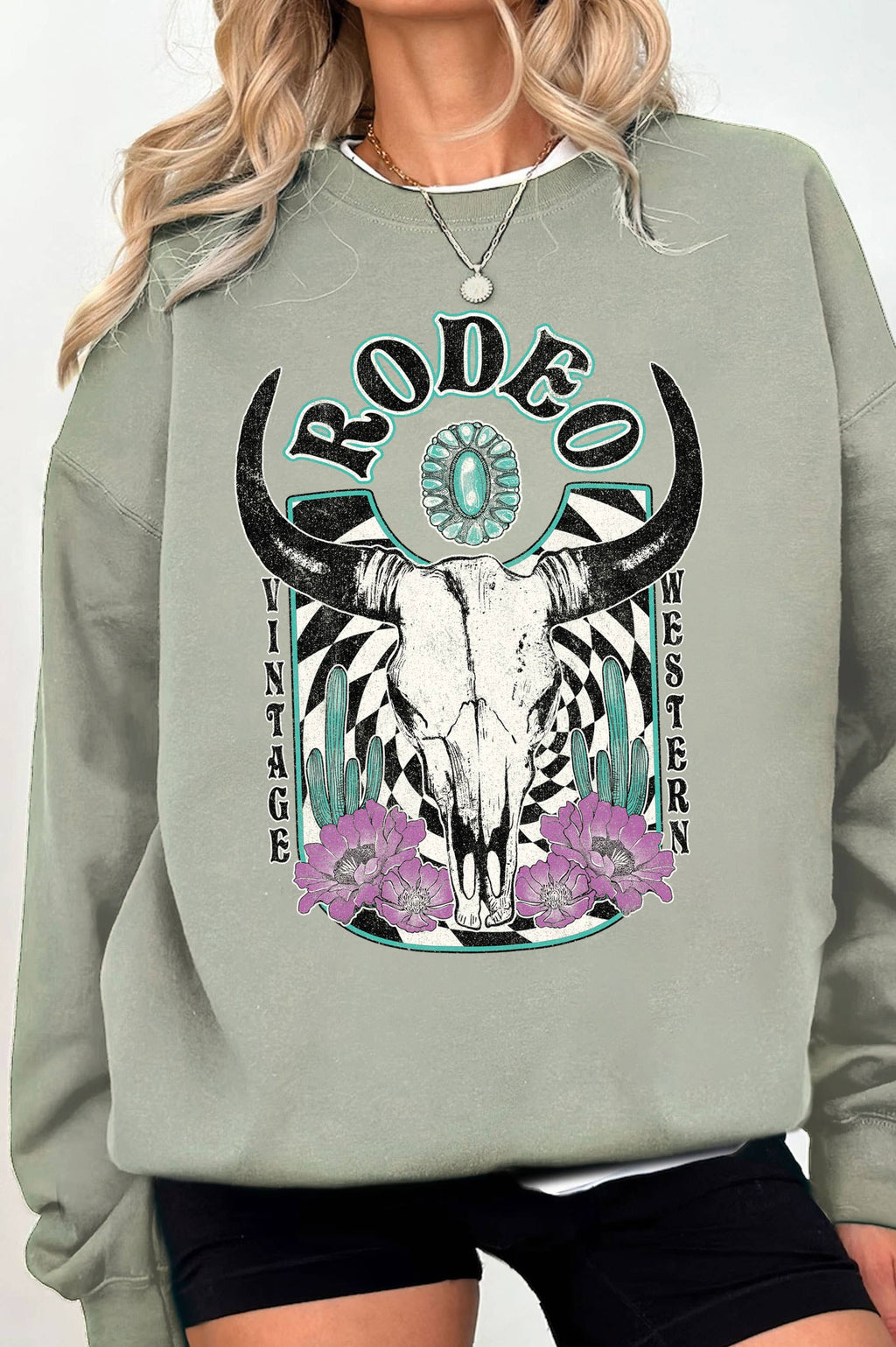 Rodeo Turquoise Stone Cow Skull Graphic Brushed - Adult & Kids T-Shirts, Sweatshirts & Hoodies apparel design preview 1