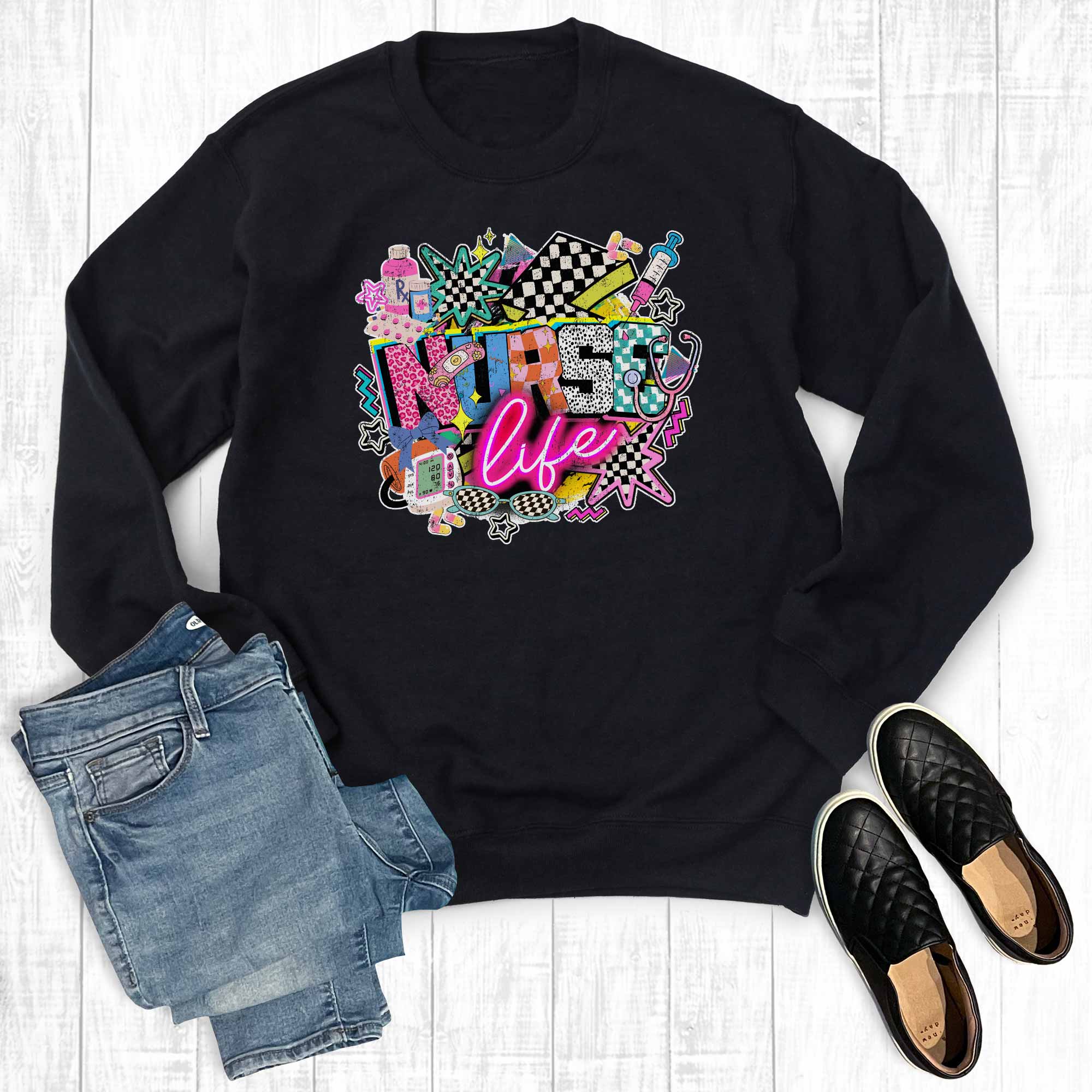 Retro Neon Nurse Life Graphic - Adult & Kids T-Shirts, Sweatshirts & Hoodies apparel design preview 1