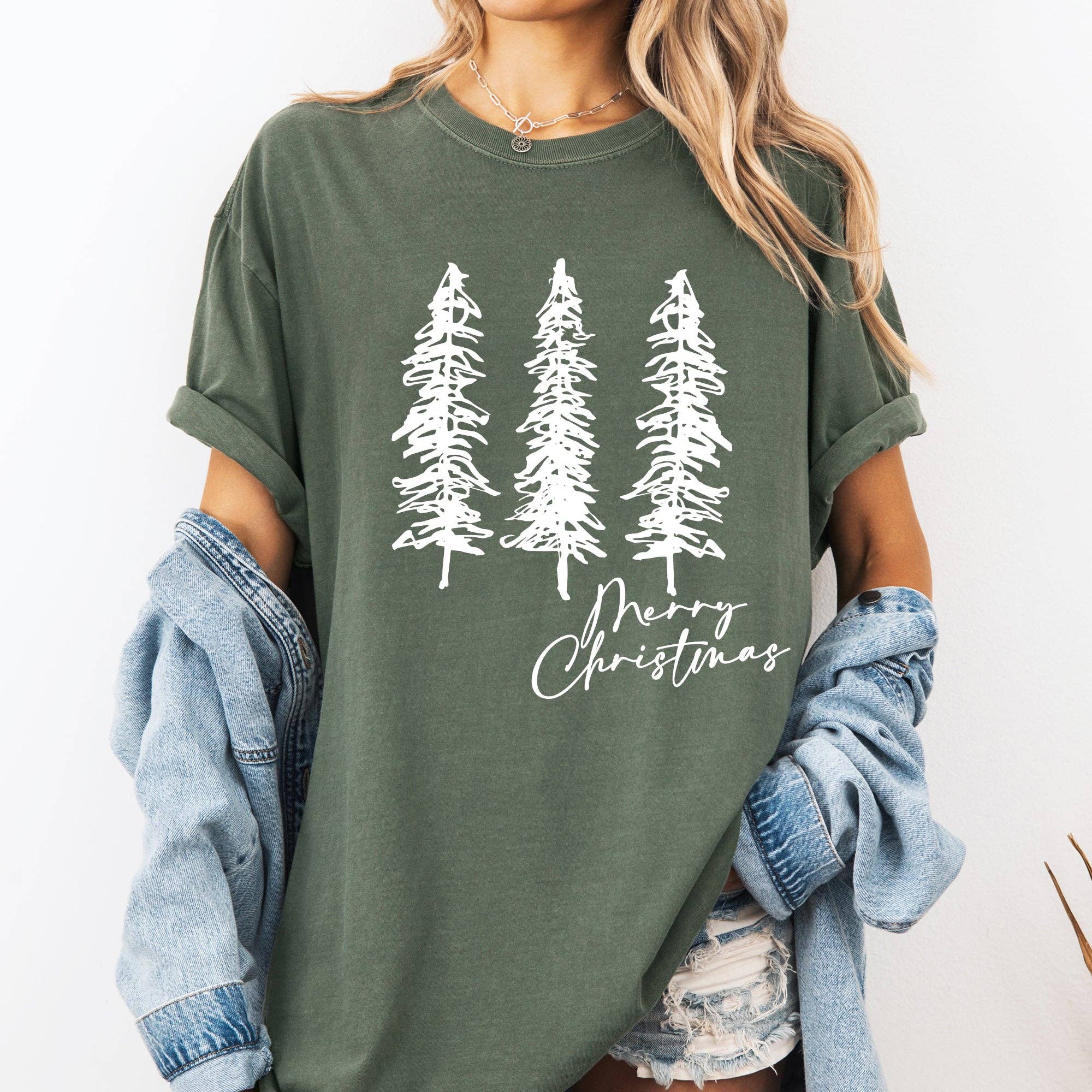 Merry Christmas, Sketched Pine Trees, Minimalist Xmas - Adult & Kids T-Shirts, Sweatshirts & Hoodies apparel design preview 1