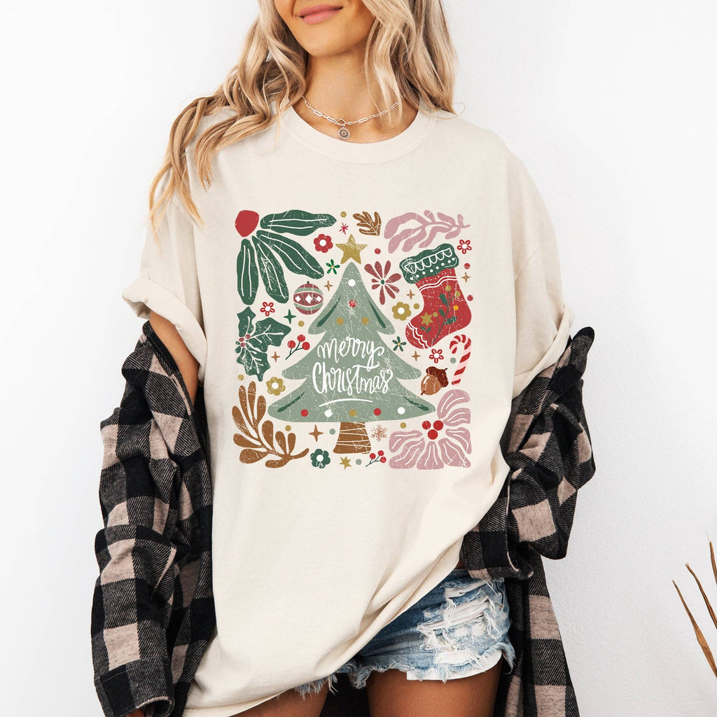Merry Christmas, Green Floral, Flowers, Xmas - Adult & Kids T-Shirts, Sweatshirts & Hoodies apparel design preview 1