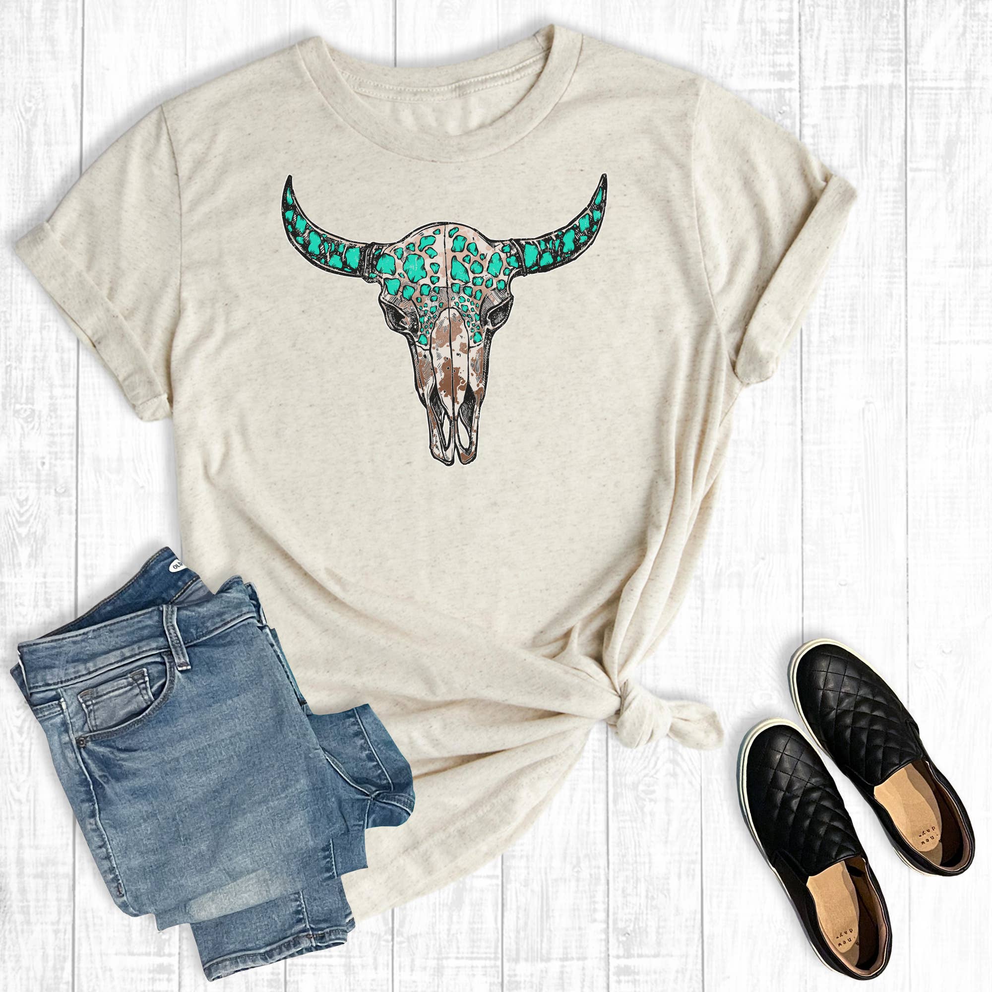Turquoise Cowprint Skull Graphic - Adult & Kids T-Shirts, Sweatshirts & Hoodies apparel design preview 1