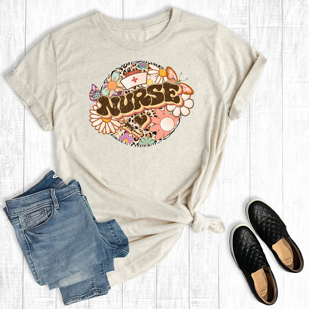 Retro Leopard Floral Nurse Graphic - Adult & Kids T-Shirts, Sweatshirts & Hoodies apparel design preview 1