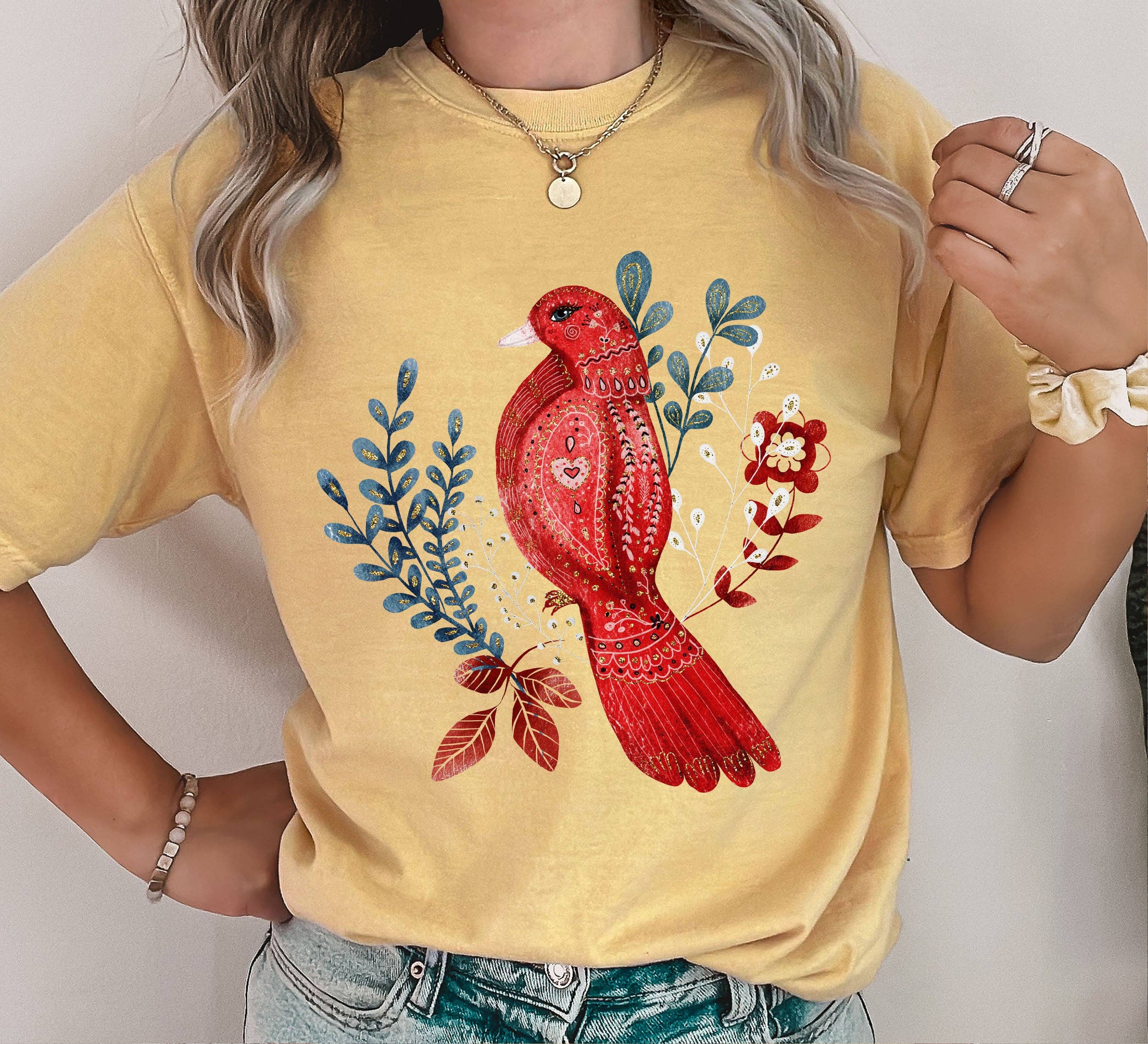 Scandinavian Folk Red Bird - Adult & Kids T-Shirts, Sweatshirts & Hoodies apparel design preview 1