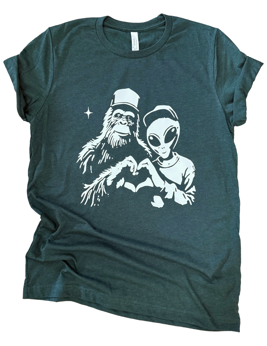 Bigfoot Alien Heart Hands - Adult & Kids T-Shirts, Sweatshirts & Hoodies apparel design preview 1