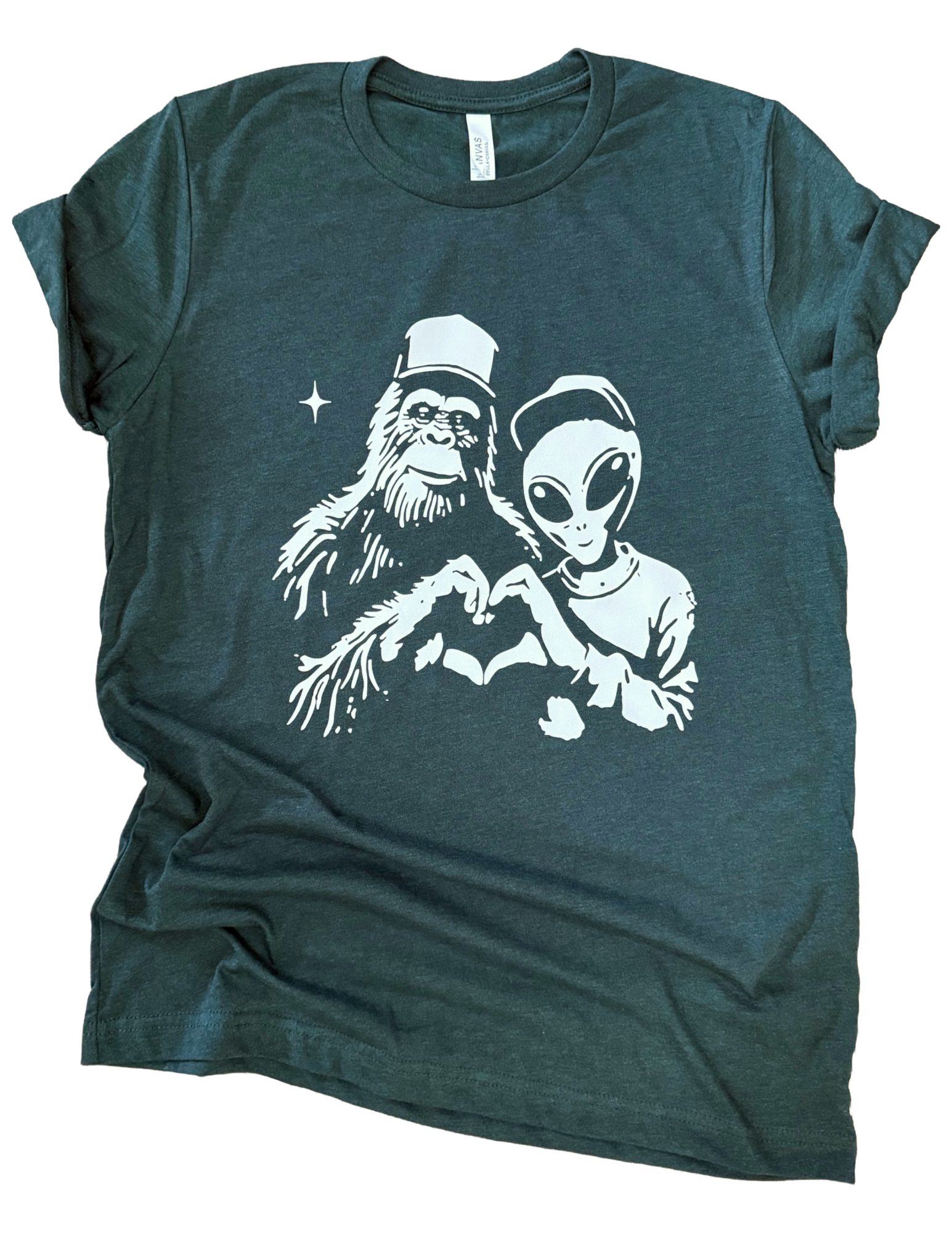 Bigfoot Alien Heart Hands - Adult & Kids T-Shirts, Sweatshirts & Hoodies apparel design preview 1