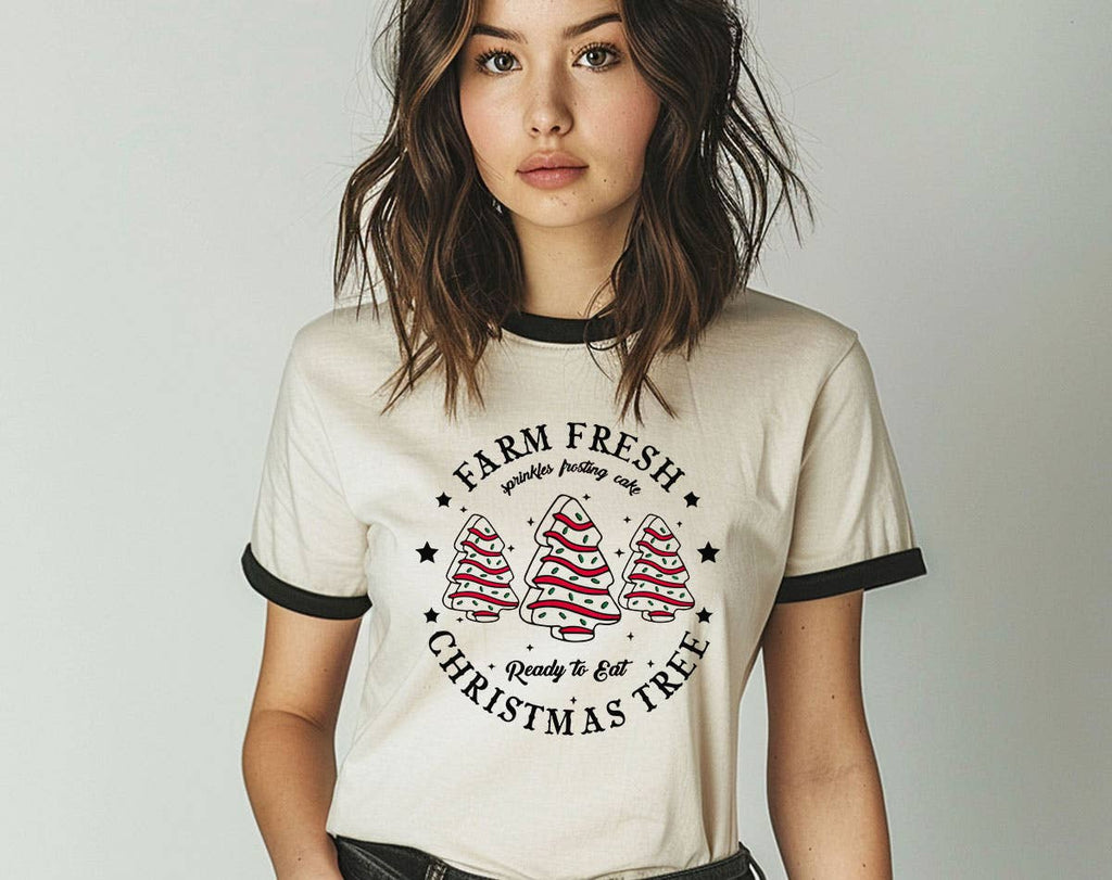 Farm Fresh Christmas Tree Cakes Funny Holiday Ringer - Adult & Kids T-Shirts, Sweatshirts & Hoodies apparel design preview 1