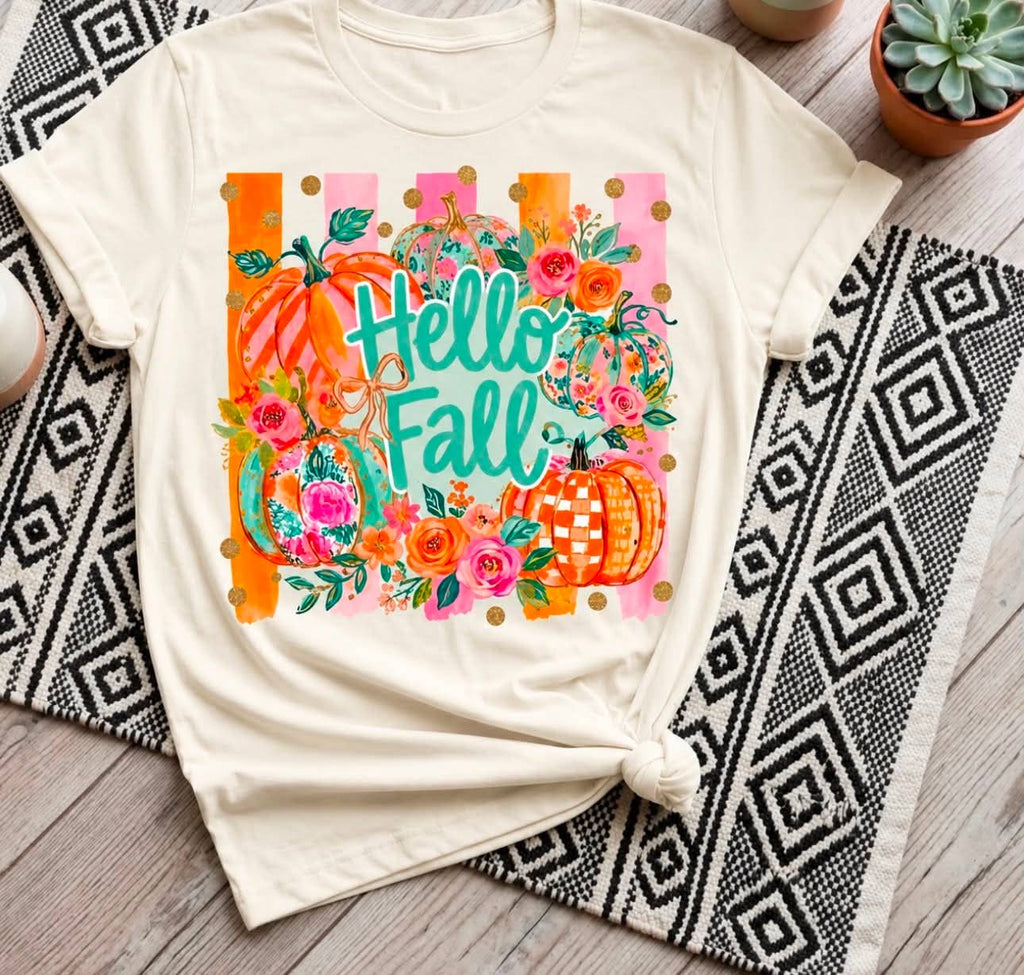 Hello Fall Pumpkin Retro Wreath Cream Seasonal - Adult & Kids T-Shirts, Sweatshirts & Hoodies apparel design preview 1