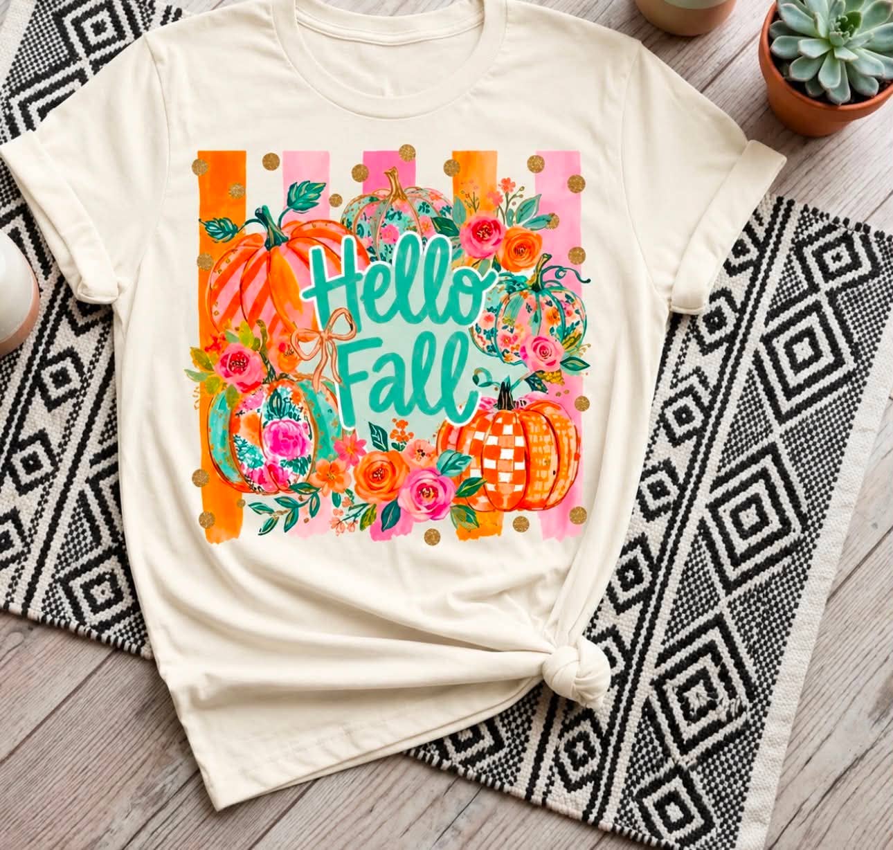 Hello Fall Pumpkin Retro Wreath Cream Seasonal - Adult & Kids T-Shirts, Sweatshirts & Hoodies apparel design preview 1