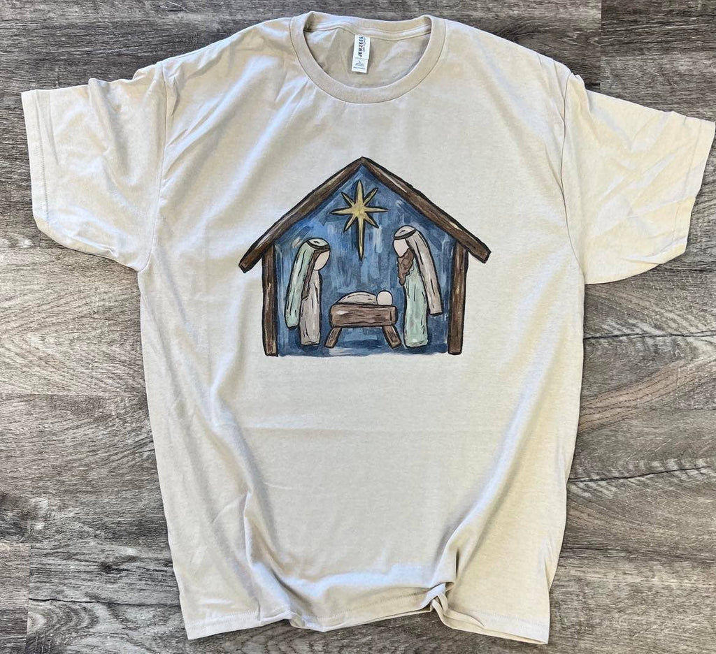 Watercolor Night Jesus Was Born Nativity On Silver - Adult & Kids T-Shirts, Sweatshirts & Hoodies apparel design preview 1
